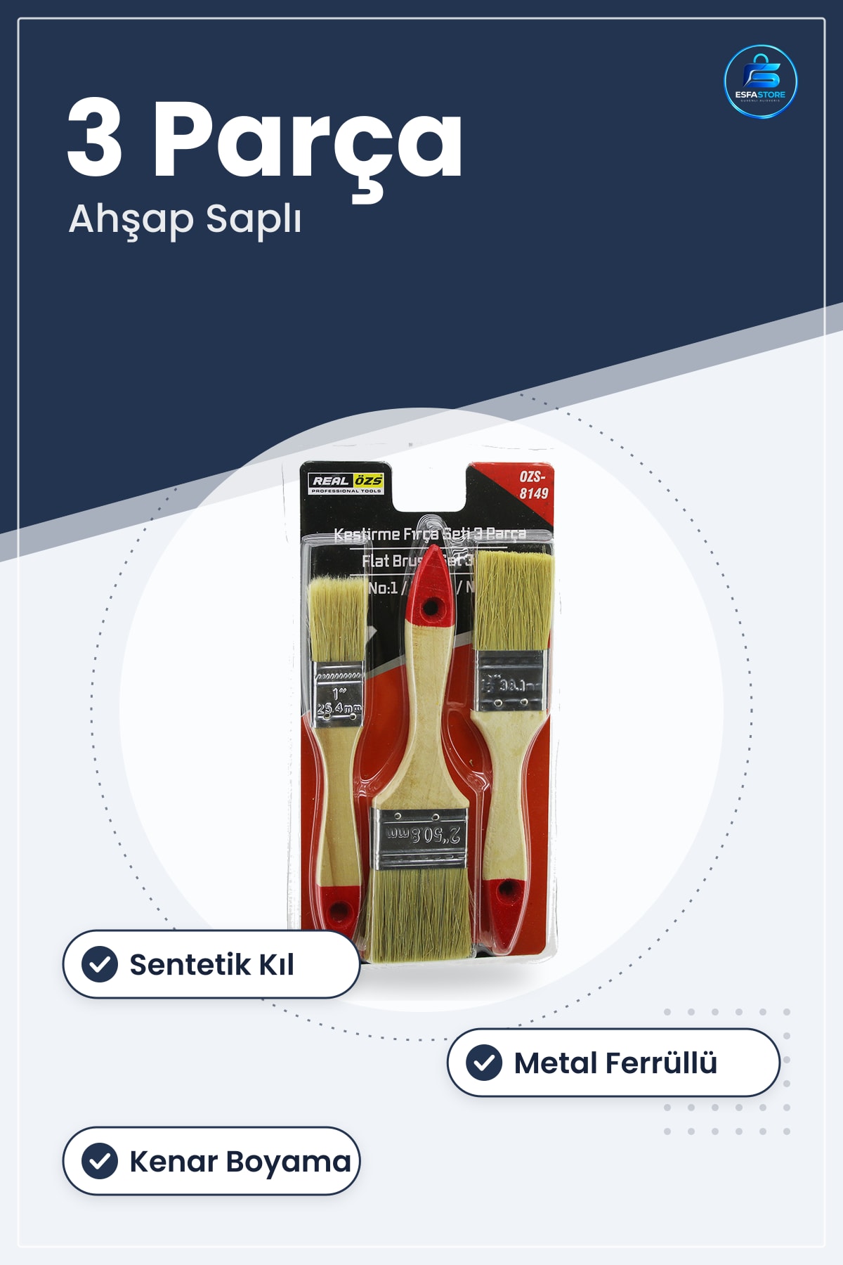 Ahşap Saplı Boya Fırça Seti 3 Parça /51 mm Kenar Boyama Sentetik Kıl Ev Dekorasyon
