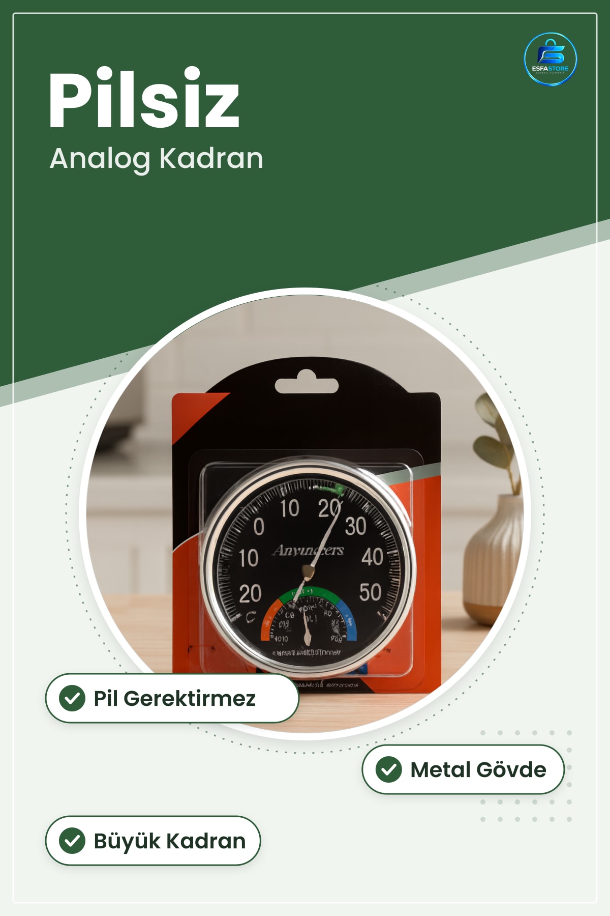 Analog Işı ve Nem Ölçer Termometre Higrometre Metal Gövdeli Kadran Ev Ofis Sera Pilsiz Mağaza