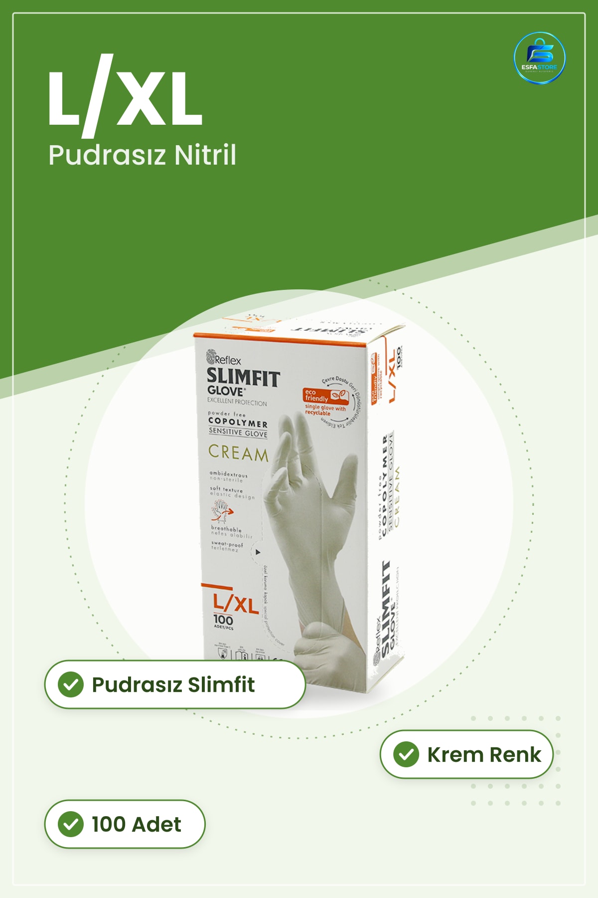 Hijyenik Eldiven Pudrasız Slimfit Nitril Muayene L/XL Krem Hassas Dayanıklı Kullanım
