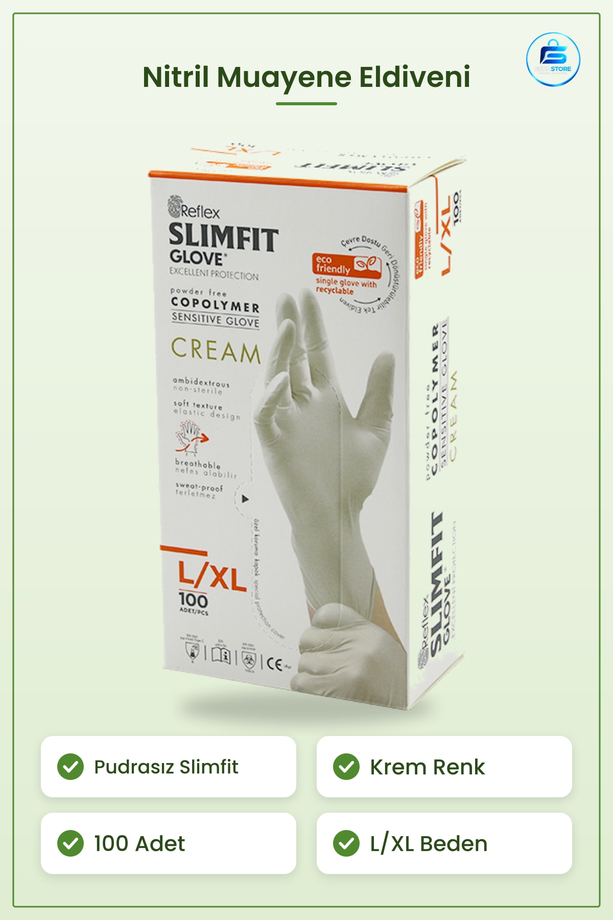 Hijyenik Eldiven Pudrasız Slimfit Nitril Muayene L/XL Krem Hassas Dayanıklı Kullanım