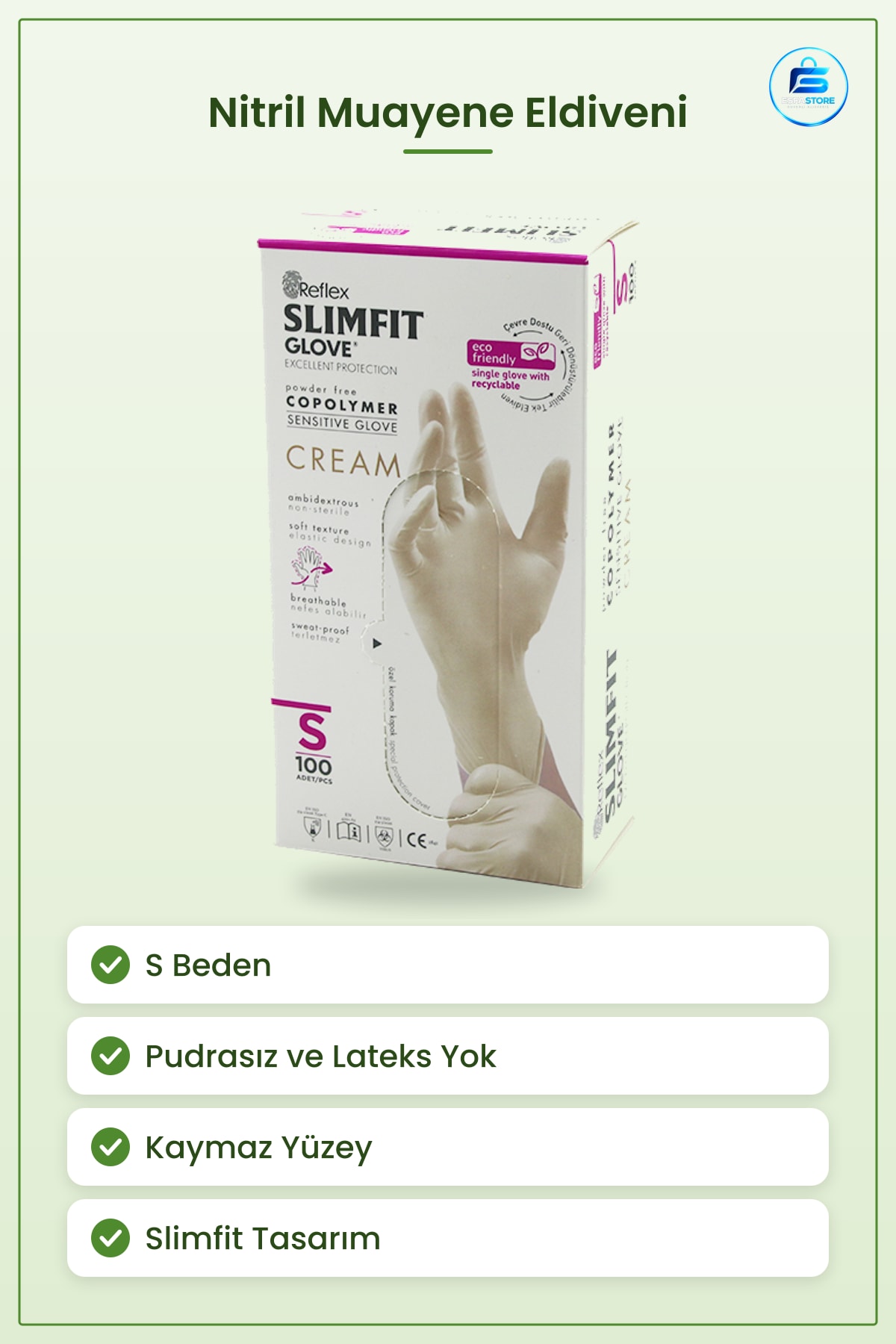 Muayene Eldiveni Nitril Pudrasız Lateks İçermez Hijyen Eldiven S Beden Kaymaz Yüzey Slimfit Tıbbi