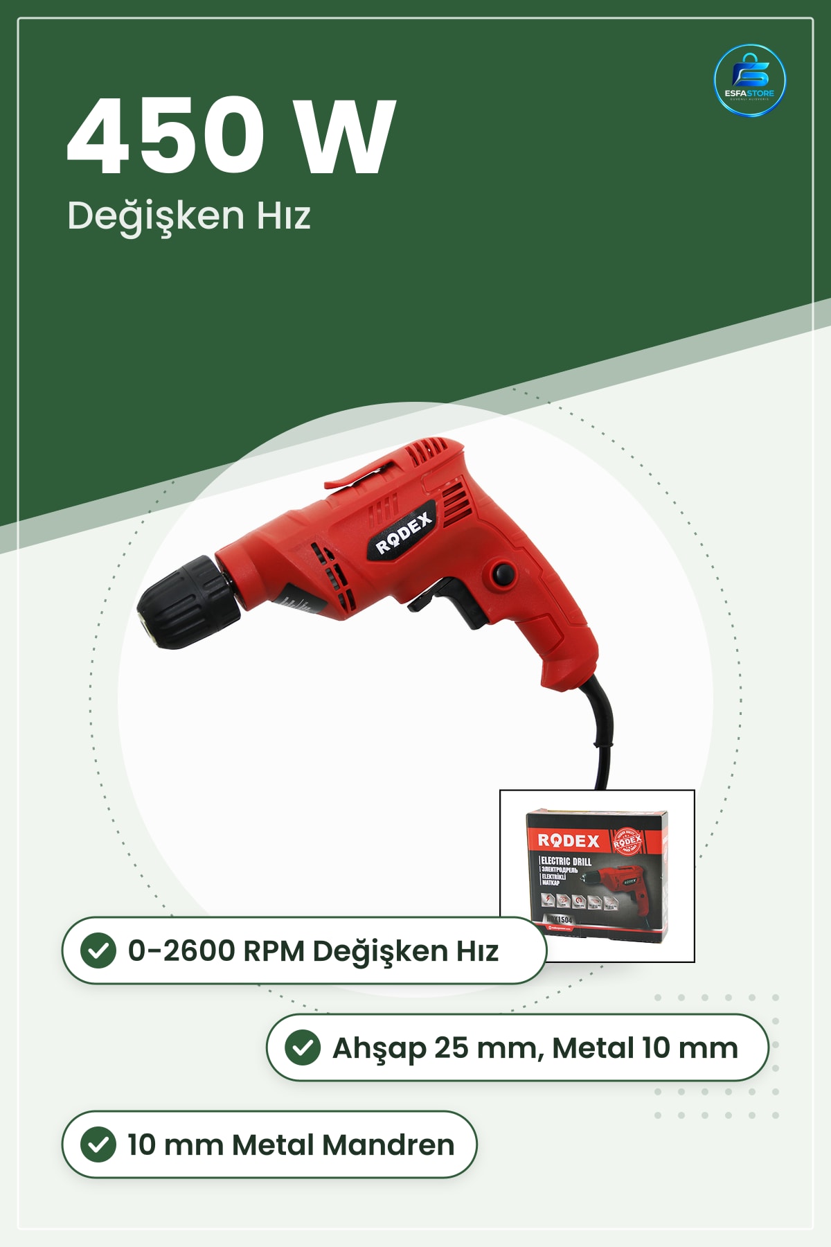 Matkap Kablolu Elektrikli 450W 0 ila RPM Ahşap 25mm Metal 10mm Değişken Hız Delme Vidalama
