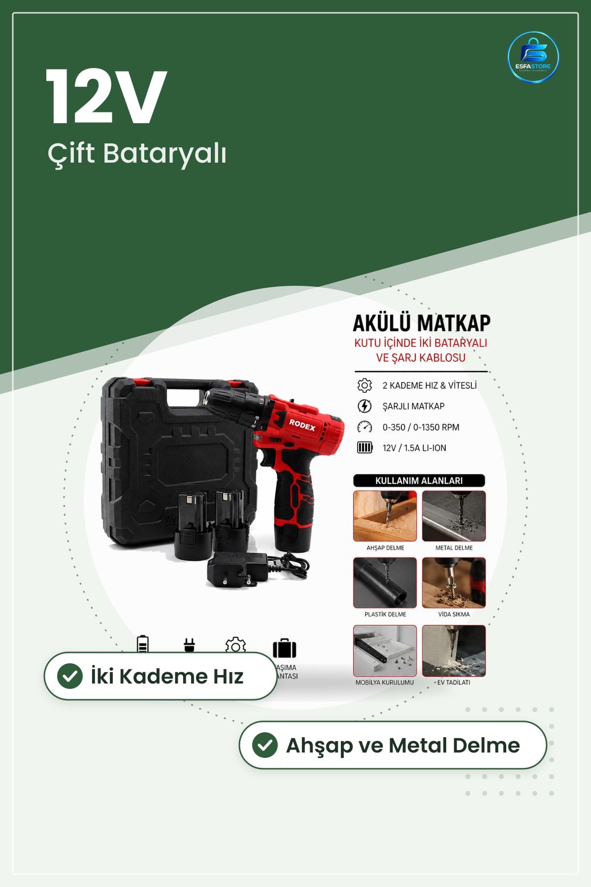 Akülü Matkap 12V Çift Bataryalı Şarjlı 2 Kademe Hız Vites RPM Li-Ion 1.5A Ahşap Metal Delme Vidalama