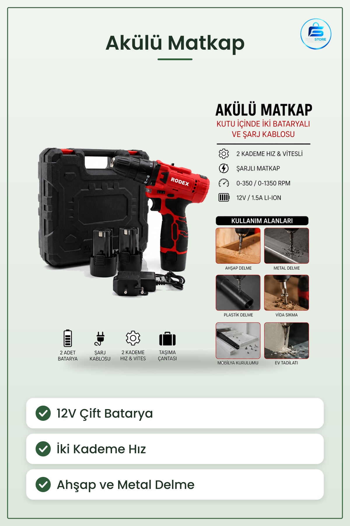 Akülü Matkap 12V Çift Bataryalı Şarjlı 2 Kademe Hız Vites RPM Li-Ion 1.5A Ahşap Metal Delme Vidalama