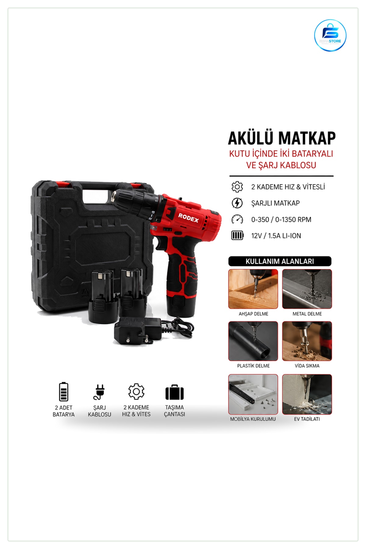 Akülü Matkap 12V Çift Bataryalı Şarjlı 2 Kademe Hız Vites RPM Li-Ion 1.5A Ahşap Metal Delme Vidalama