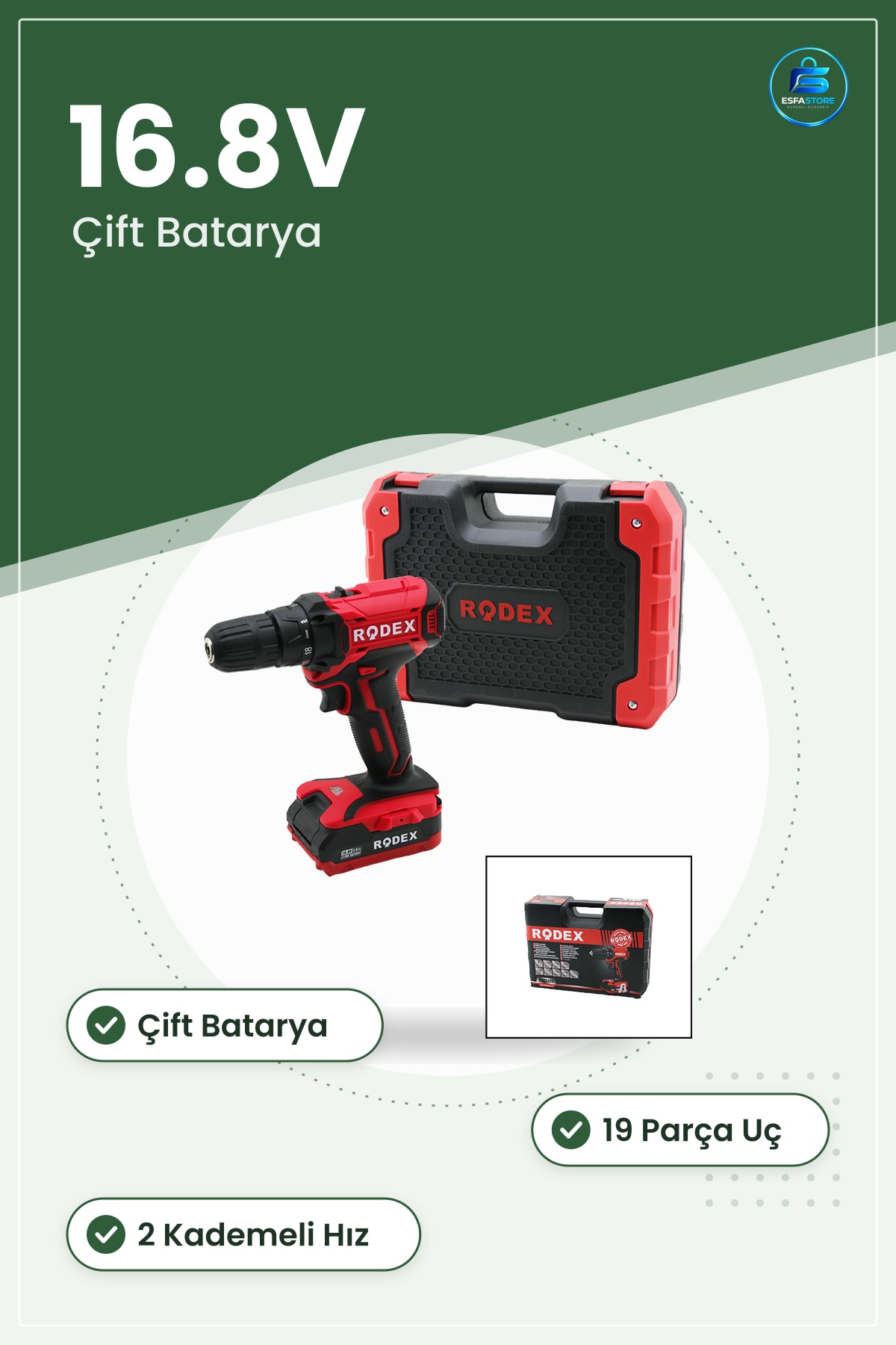 Şarjlı Matkap 16.8V Çift Bataryalı 19 Parça Uç 2 Kademe Hız Ev Atölye Vidalama Delme Makinesi