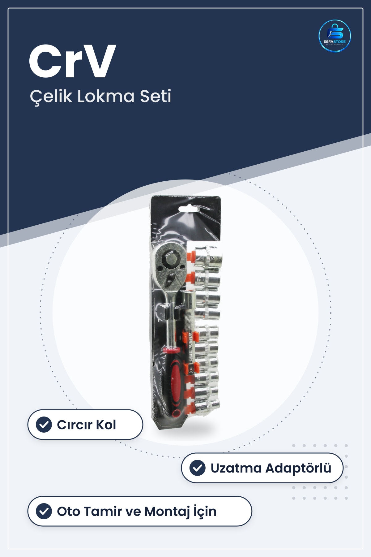 Lokma Takımı Cırcır Kollu CrV Çelik Uzatma Adaptörlü Oto Tamir Montaj Bakım Metal Set