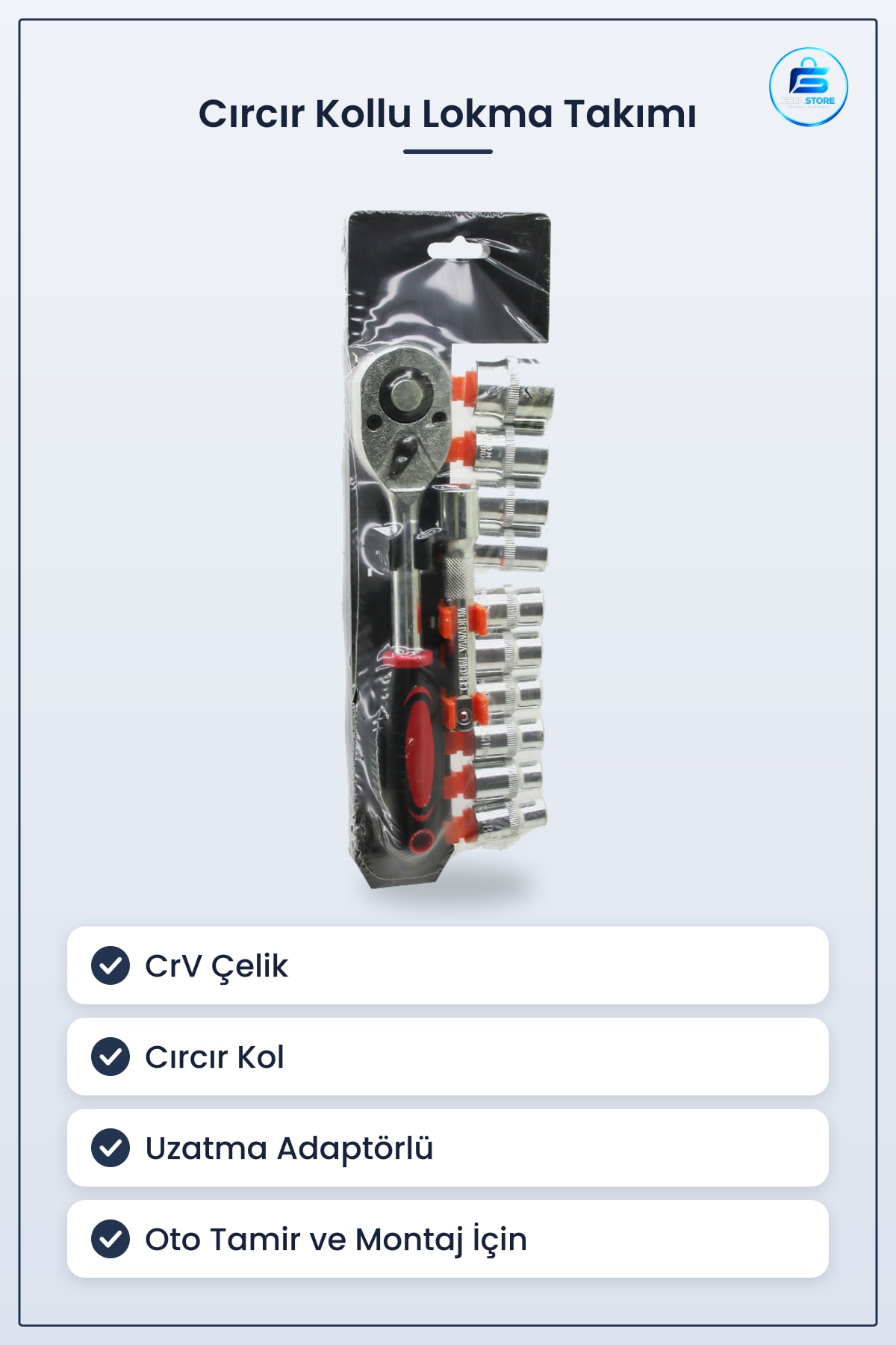Lokma Takımı Cırcır Kollu CrV Çelik Uzatma Adaptörlü Oto Tamir Montaj Bakım Metal Set