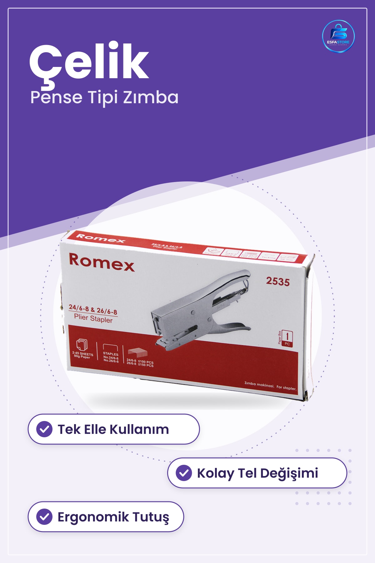 Çelik Pense Tipi Zımba Makinesi Tek Elle Kullanım Ofis ve Ev İçin Dayanıklı Metal Gövdeli