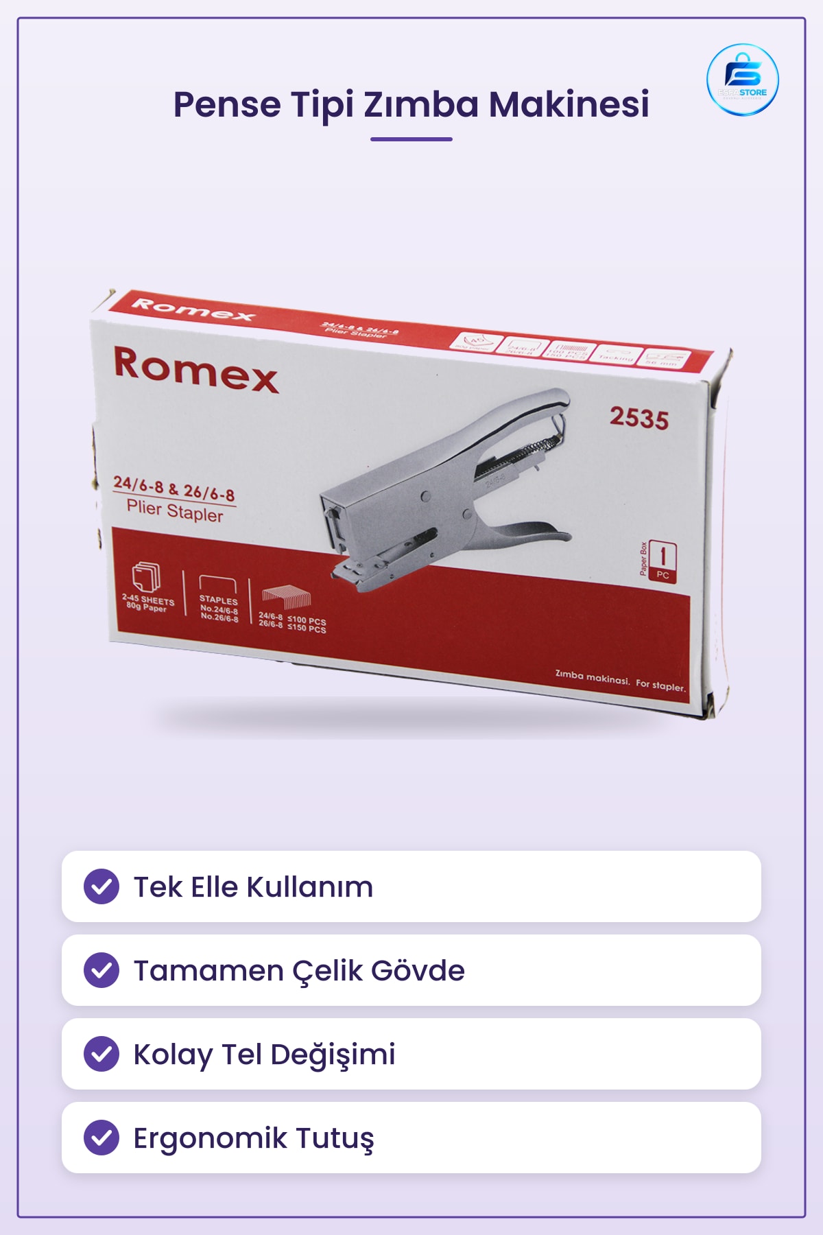 Çelik Pense Tipi Zımba Makinesi Tek Elle Kullanım Ofis ve Ev İçin Dayanıklı Metal Gövdeli