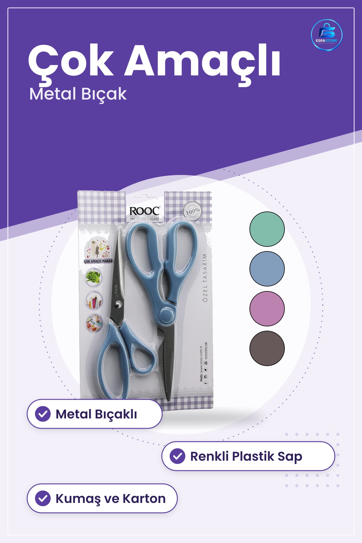 Çok Amaçlı Makas Terzi ve Mutfak Metal Bıçaklı Renkli Plastik Saplı Kumaş Karton Ambalaj Kesim