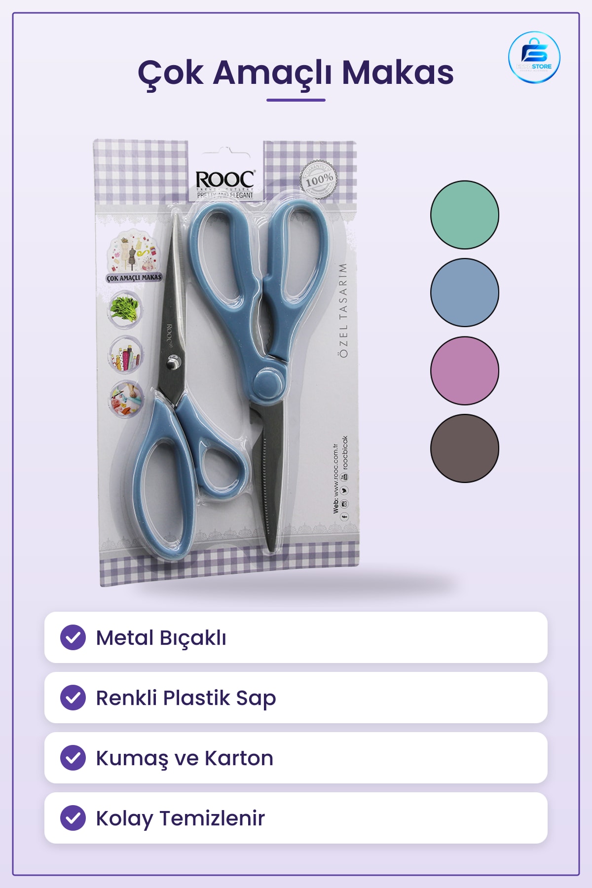 Çok Amaçlı Makas Terzi ve Mutfak Metal Bıçaklı Renkli Plastik Saplı Kumaş Karton Ambalaj Kesim