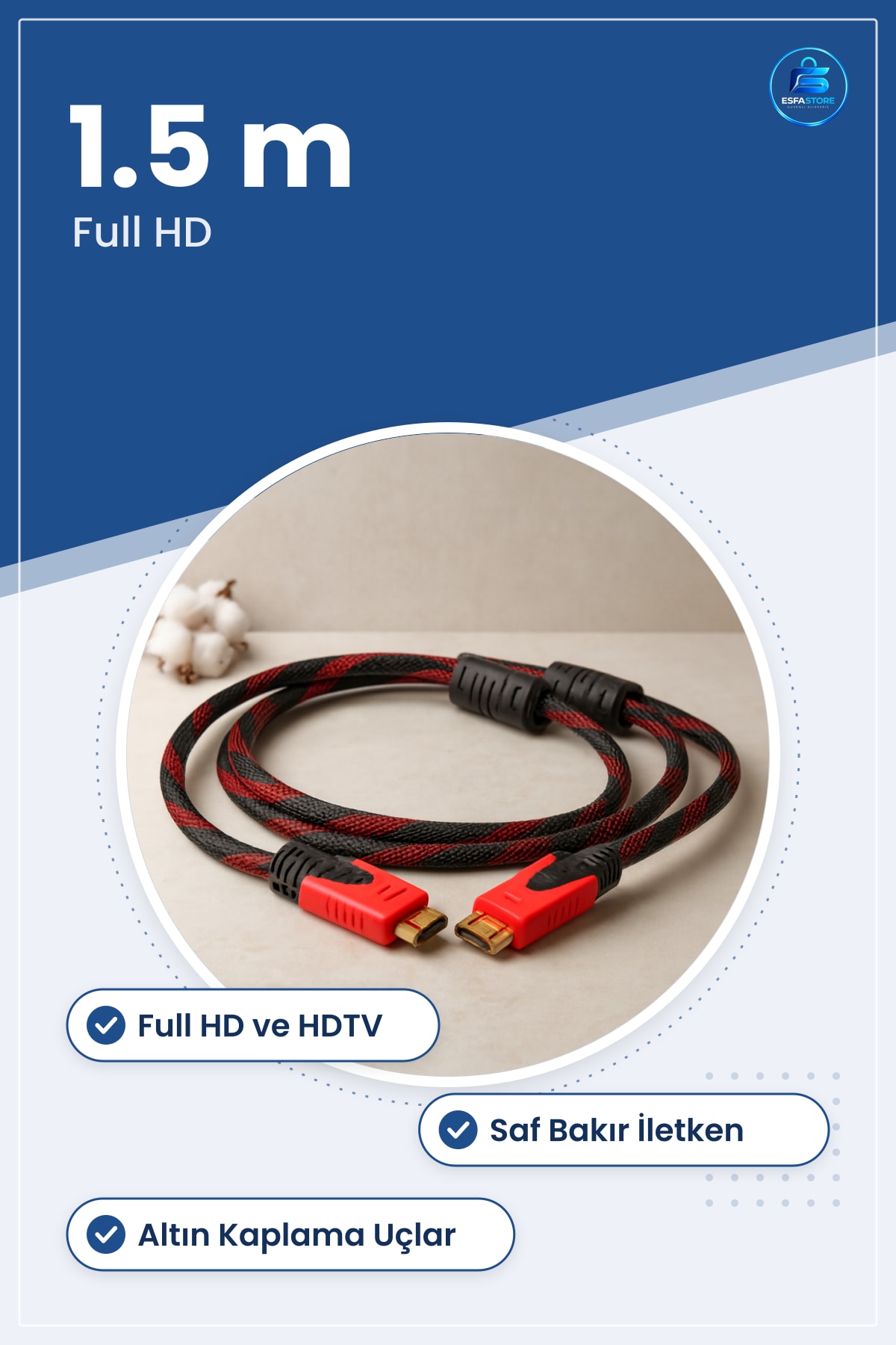 HDMI Kablo 1.5 m Örgülü Full HD HDTV Saf Bakır Altın Kaplama Uçlu Ses Görüntü Kablosu