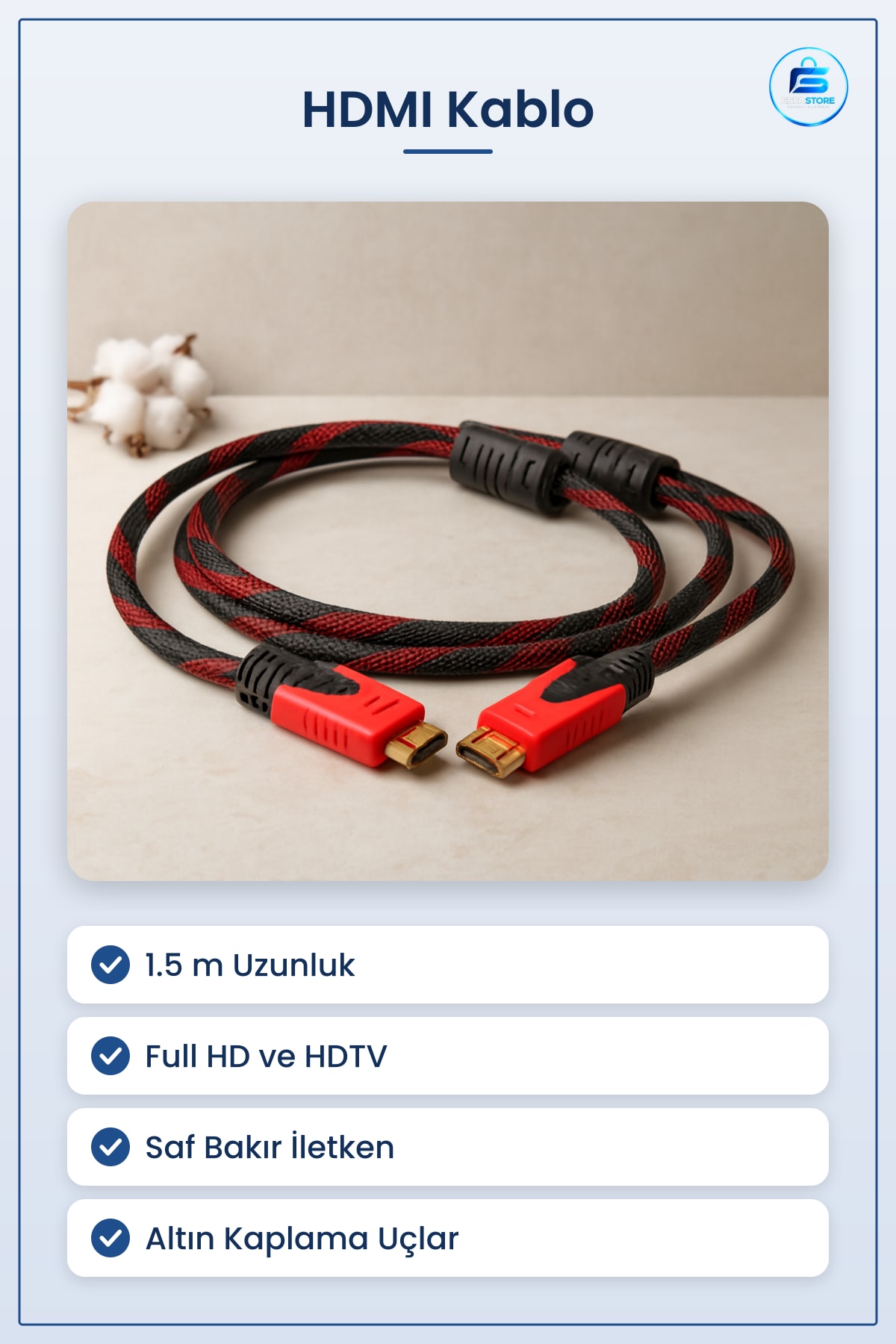 HDMI Kablo 1.5 m Örgülü Full HD HDTV Saf Bakır Altın Kaplama Uçlu Ses Görüntü Kablosu