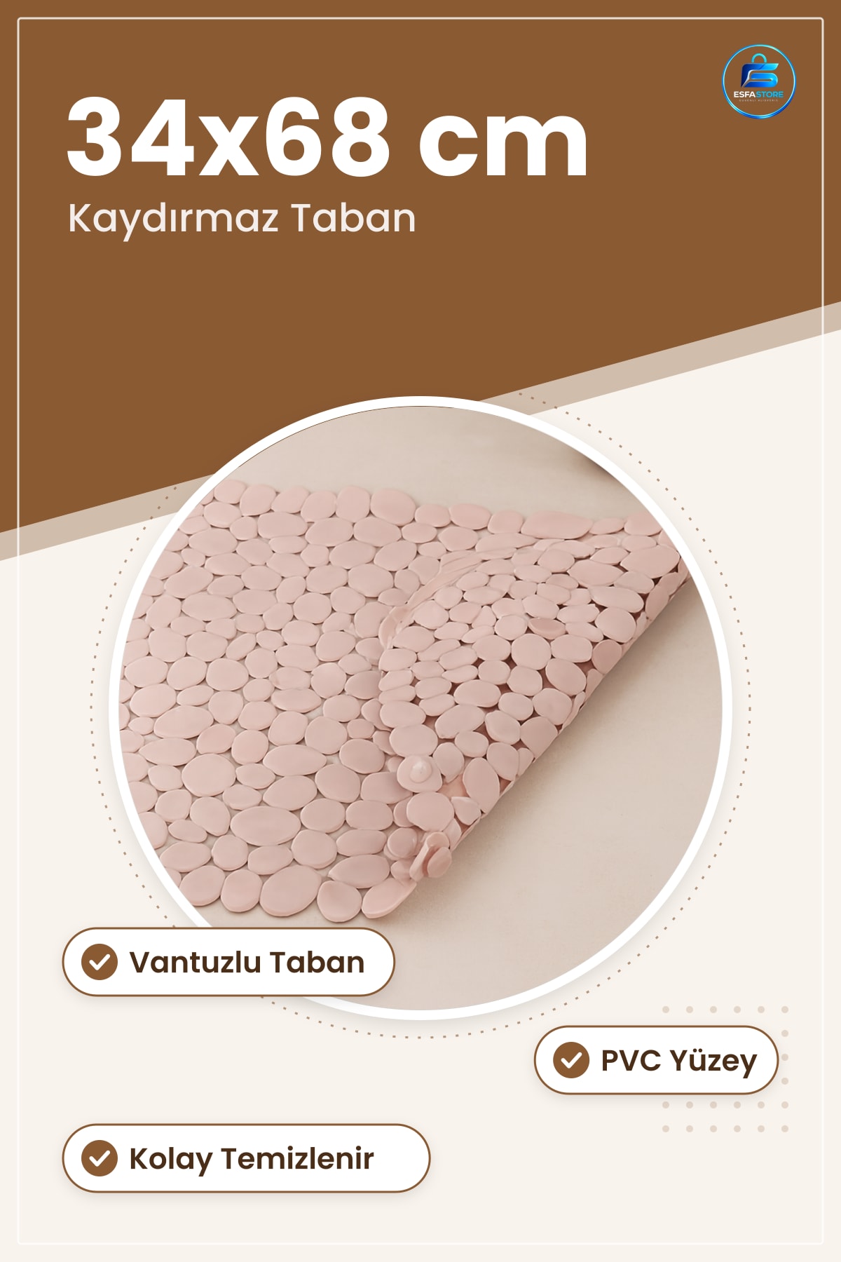 Banyo Paspası Vantuzlu Kaydırmaz 34x68 cm Duş Küvet PVC Yumuşak Suya Dayanıklı Kolay Temizlenen