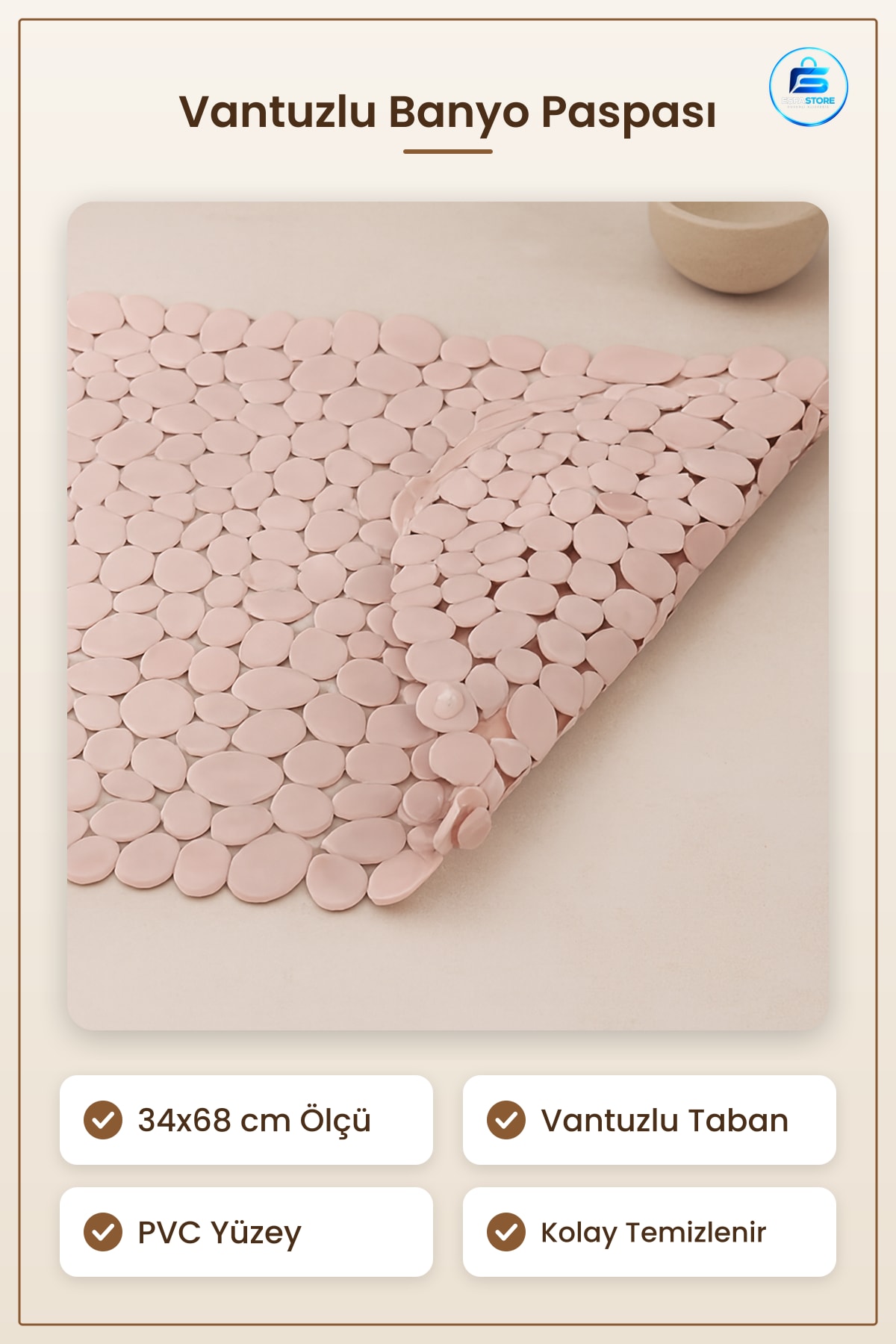 Banyo Paspası Vantuzlu Kaydırmaz 34x68 cm Duş Küvet PVC Yumuşak Suya Dayanıklı Kolay Temizlenen