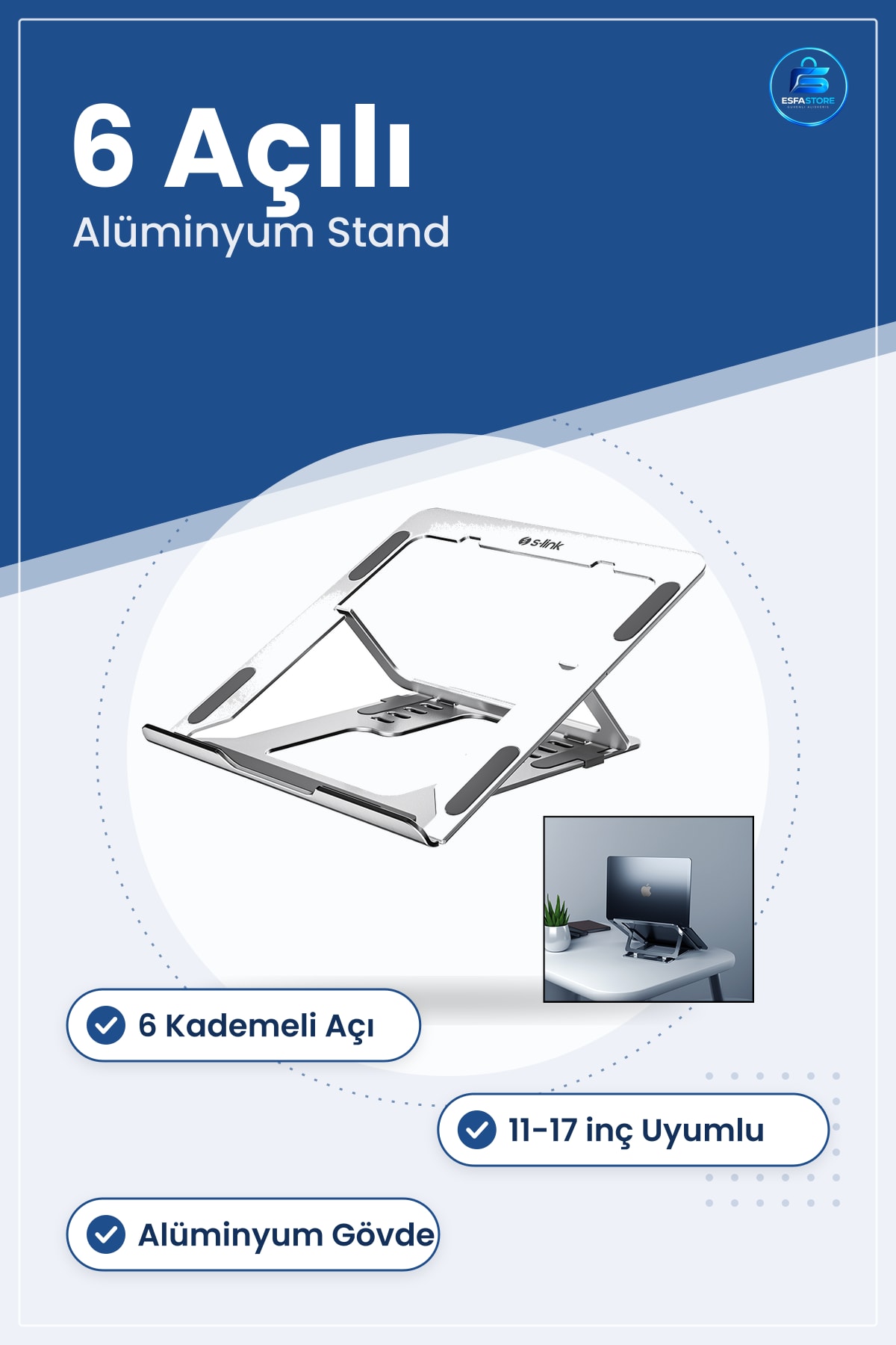 Notebook Standı Katlanabilir Altüminyum 6 Açılı Laptop İçin Ofis Seyahat Gümüş ile 17 inç