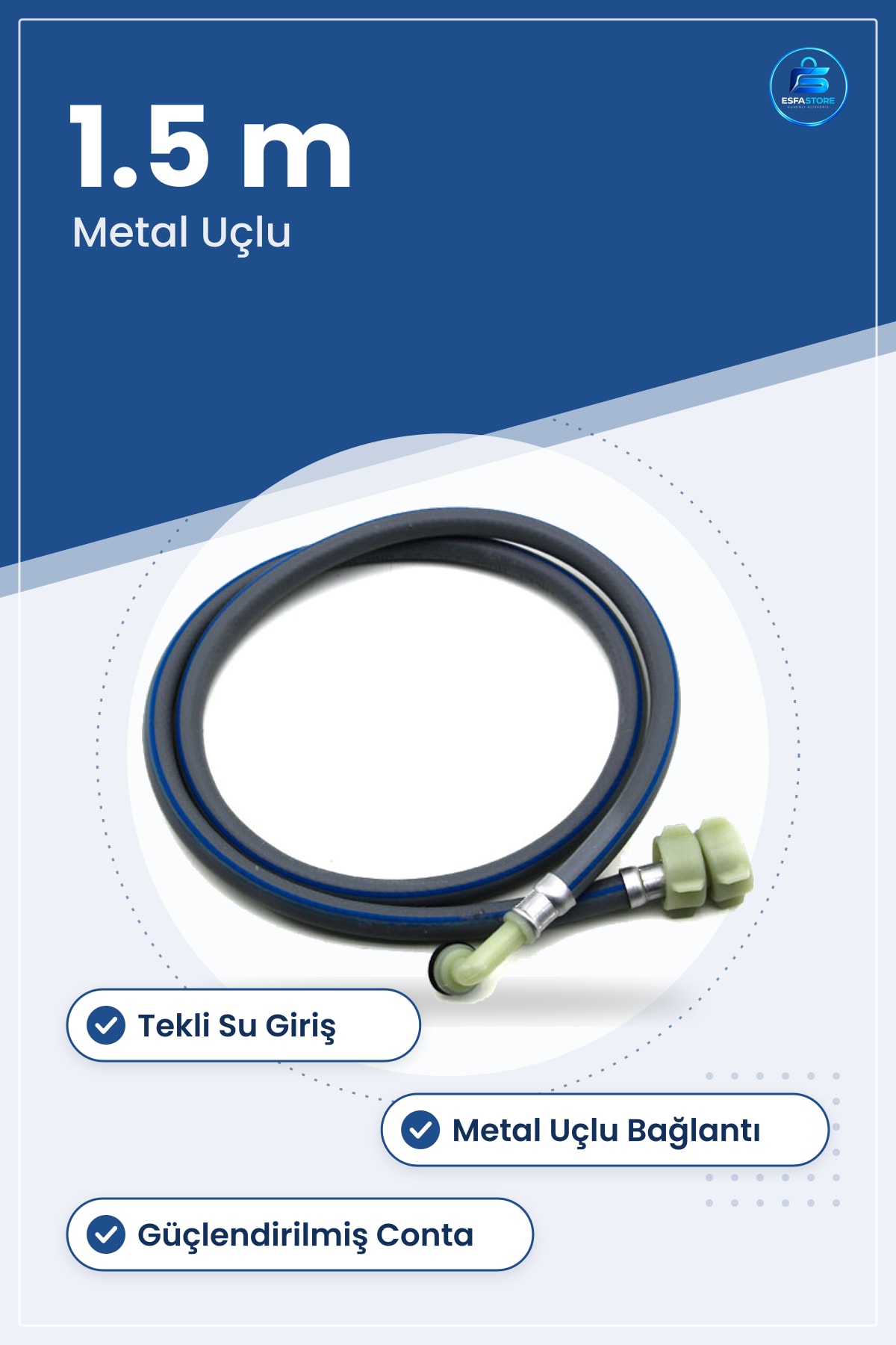 Çamaşır Makinesi Hortumu 1.5 m Tekli Su Giriş Bağlantı Dayanıklı Metal Uçlu Beyaz Eşya Yedek Parça