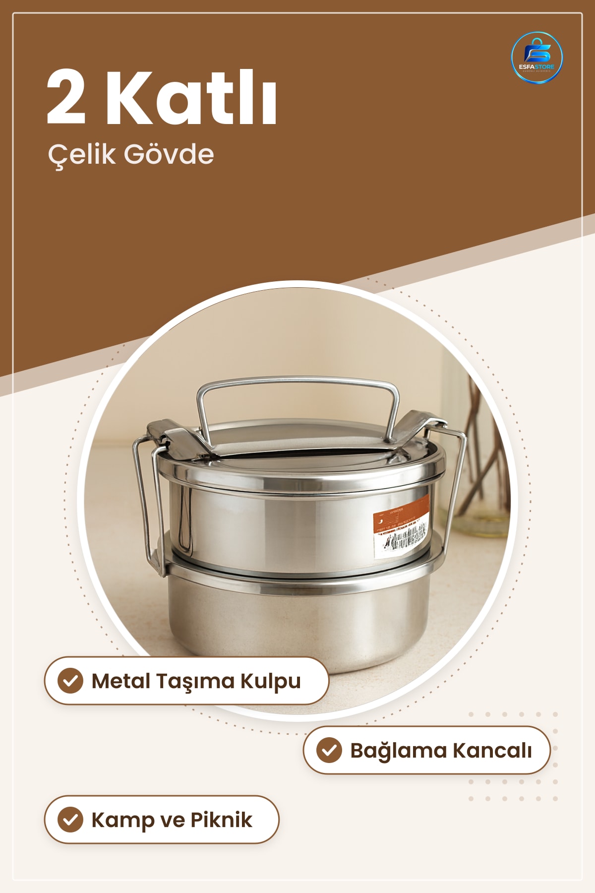 Çelik Sefer Tası 2 Katlı Metal Taşıma Kulplu Saklama Kabı Kamp Piknik İş Okul Yemek Götürme