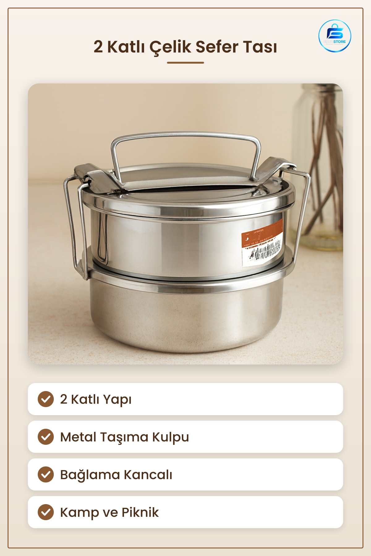 Çelik Sefer Tası 2 Katlı Metal Taşıma Kulplu Saklama Kabı Kamp Piknik İş Okul Yemek Götürme