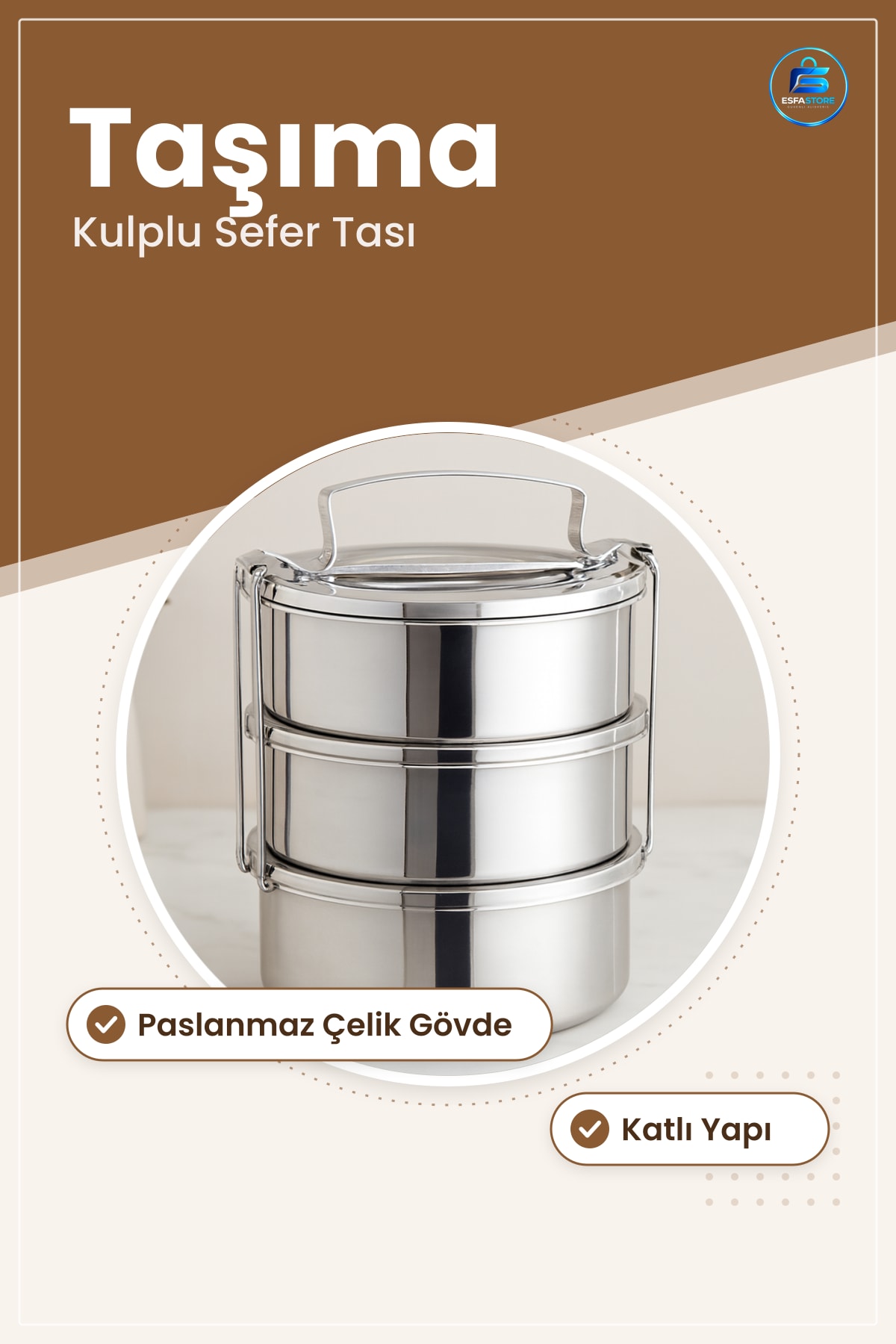 Paslanmaz Çelik Sefer Tası Yemek Kabı Kulplu Katlı Taşıma Piknik İş Yemeği Saklama Sıcak Soğuk