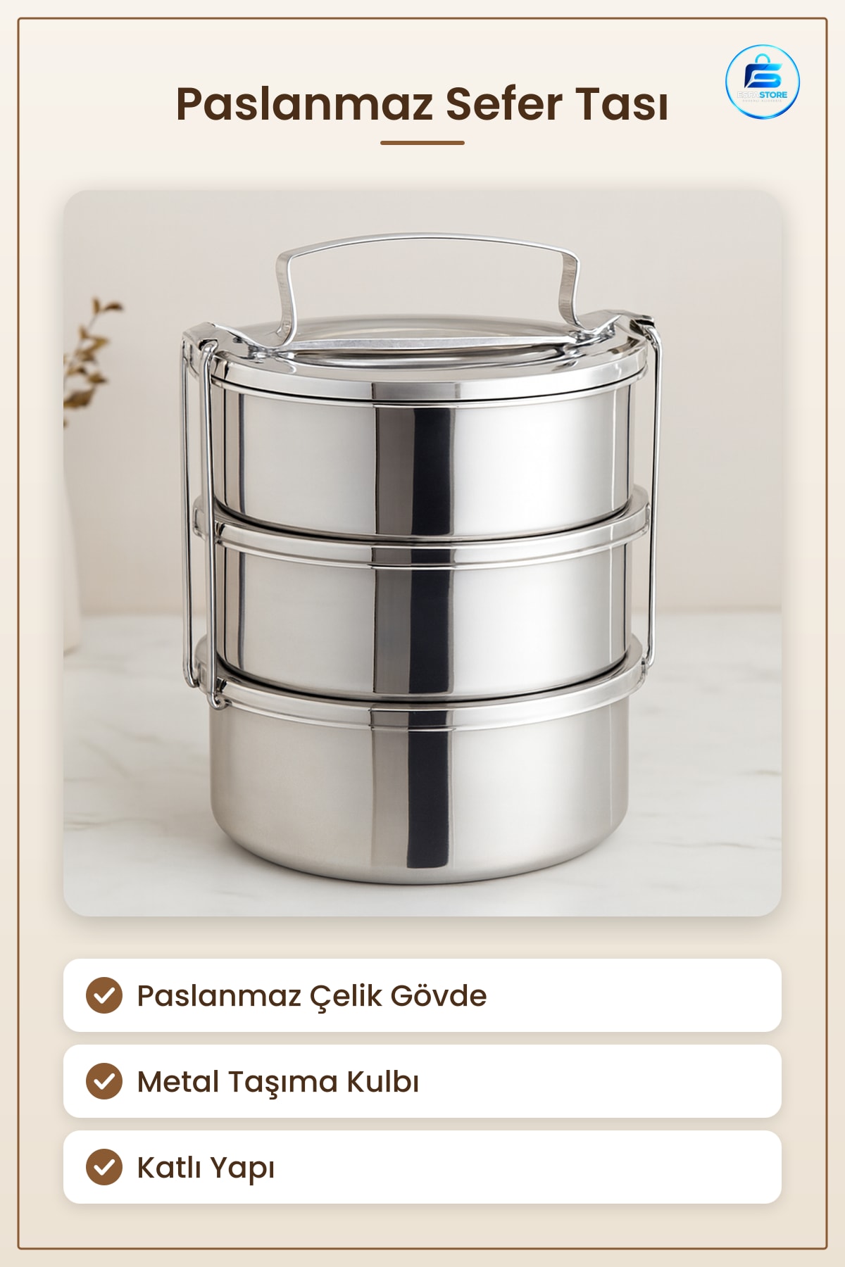 Paslanmaz Çelik Sefer Tası Yemek Kabı Kulplu Katlı Taşıma Piknik İş Yemeği Saklama Sıcak Soğuk
