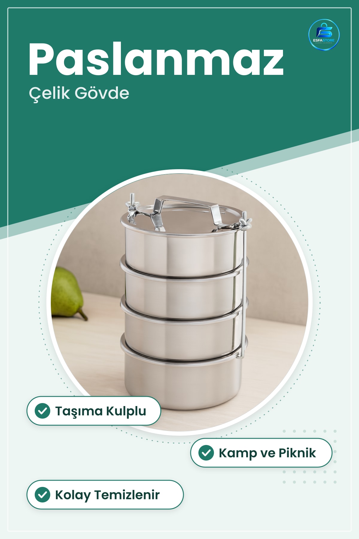 Paslanmaz Çelik Sefer Tası Taşıma Kulplu Kamp Mutfağı Piknik Outdoor Yemek Saklama Servis