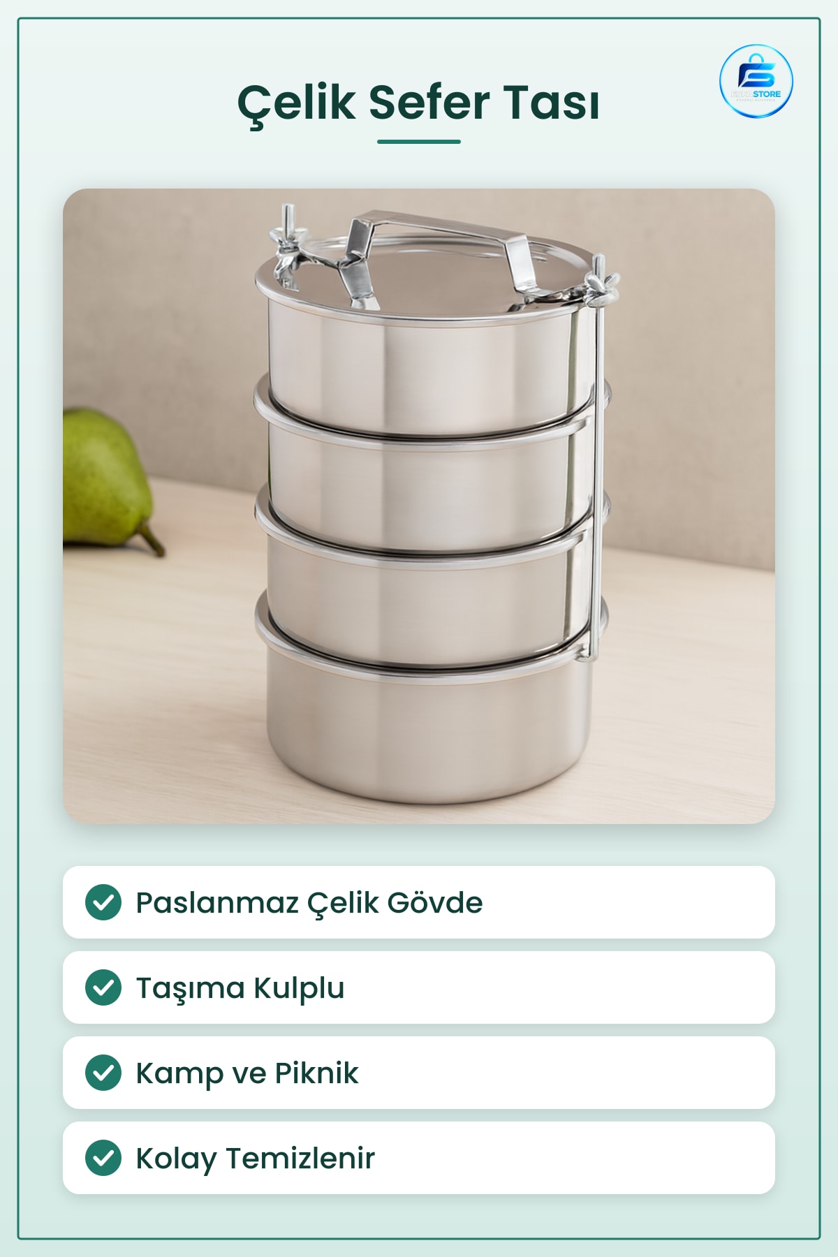 Paslanmaz Çelik Sefer Tası Taşıma Kulplu Kamp Mutfağı Piknik Outdoor Yemek Saklama Servis