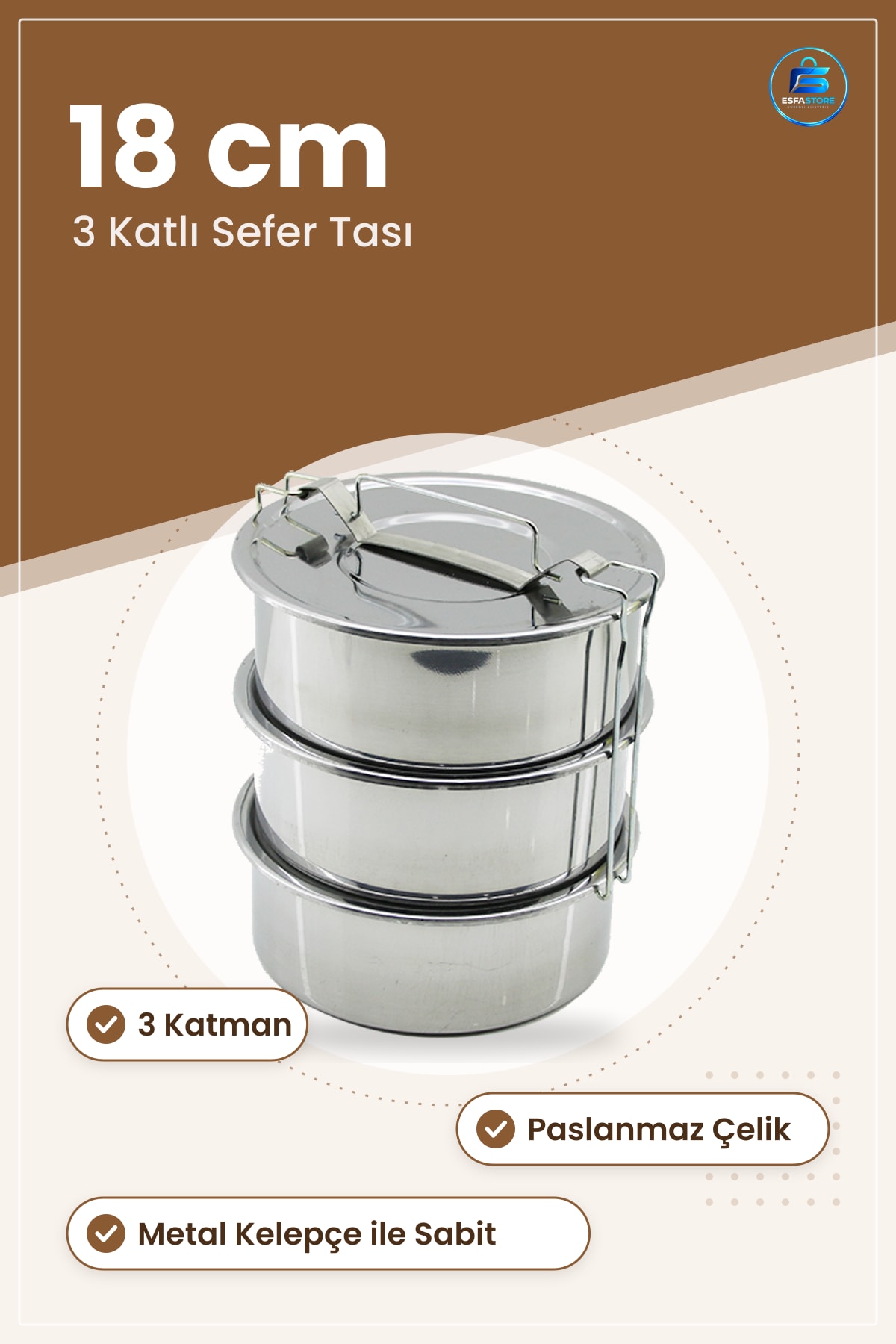 Paslanmaz Çelik Sefer Tası 18 cm 3 Katlı Yemek Kabı Mutfak Saklama Taşınabilir Öğle Yemeği