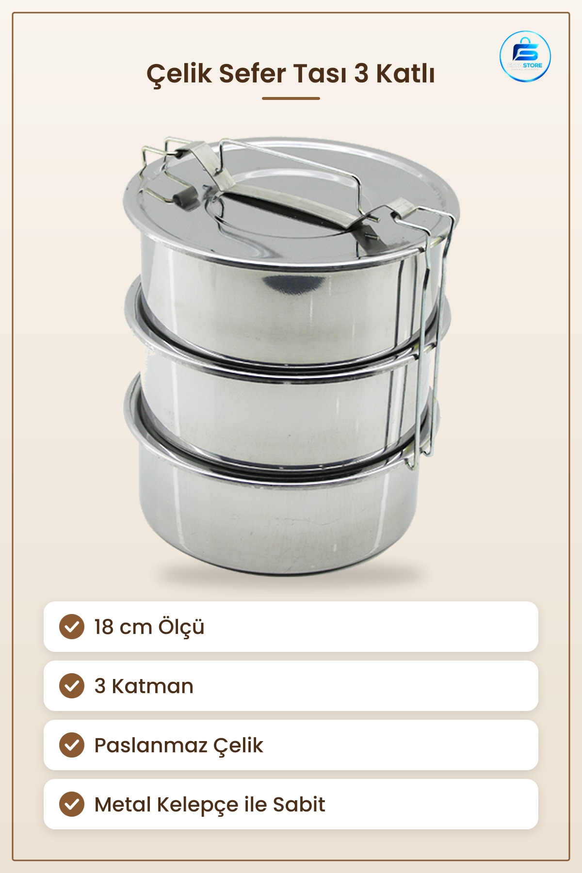 Paslanmaz Çelik Sefer Tası 18 cm 3 Katlı Yemek Kabı Mutfak Saklama Taşınabilir Öğle Yemeği