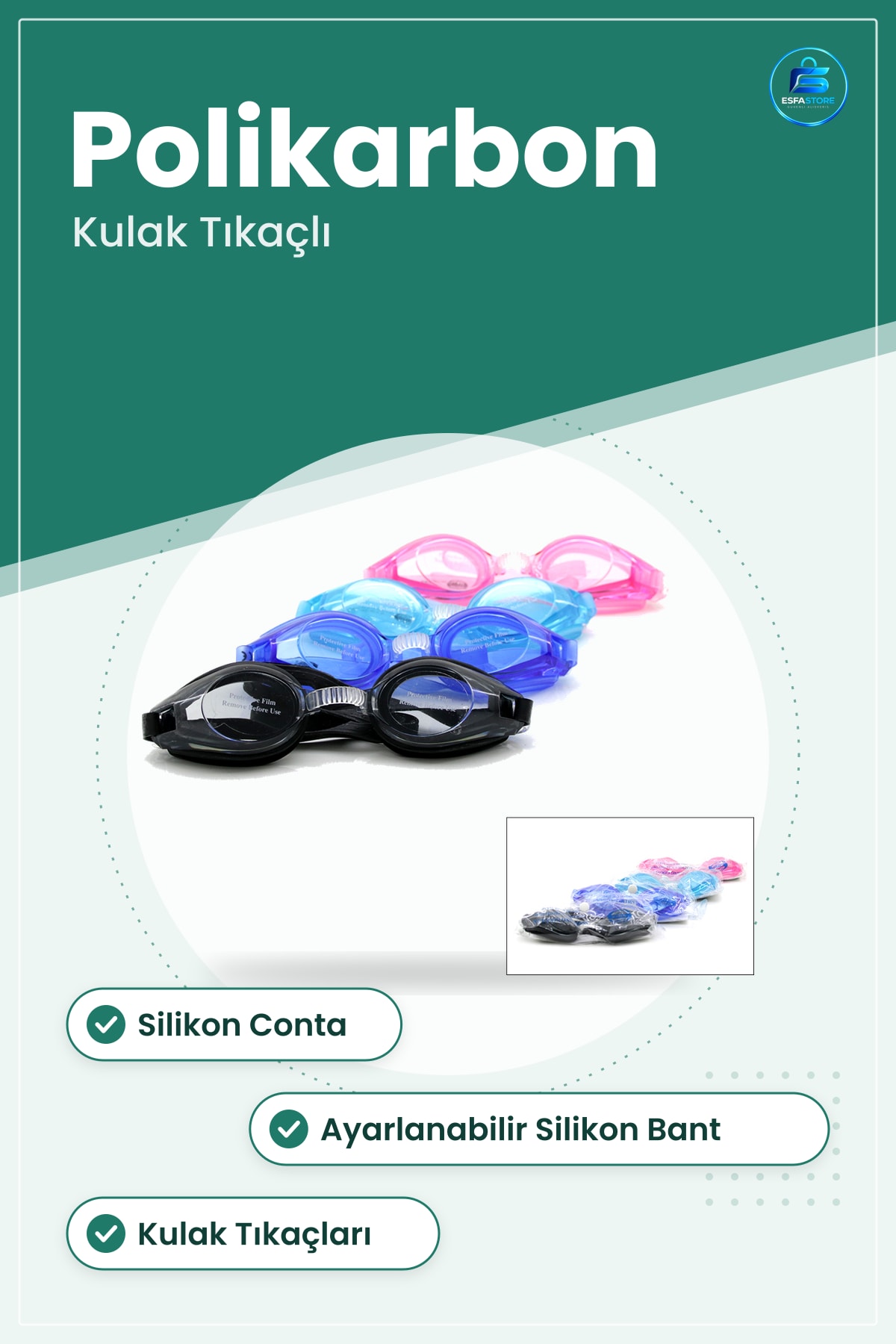 Deniz Gözlüğü Kulak Tıkaçlı Yüzücü Silikon Contalı Polikarbon Lensli Renkli Havuz Yüzme