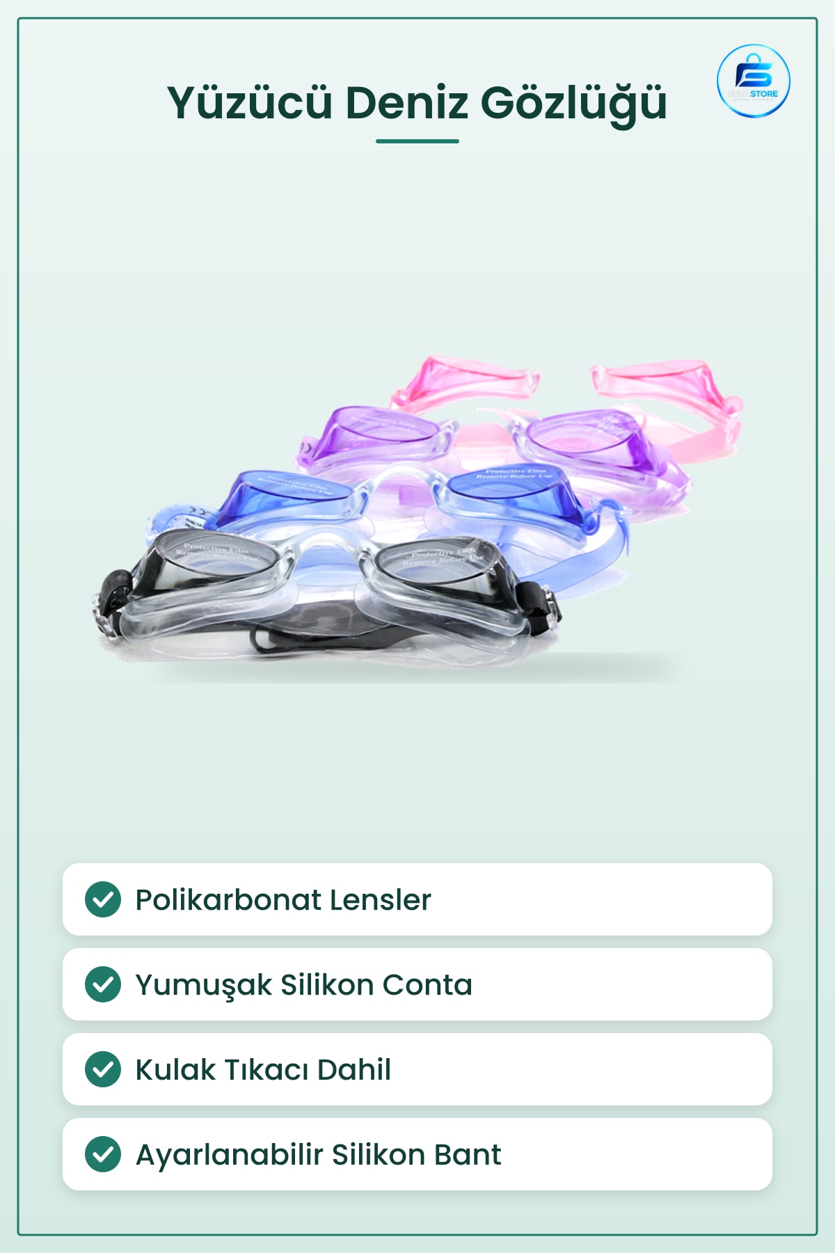 Deniz Gözlüğü Yüücü Kulak Tıkaçlı Havuz için Renkli Silikon Contalı Su Geçirmez Polikarbonat