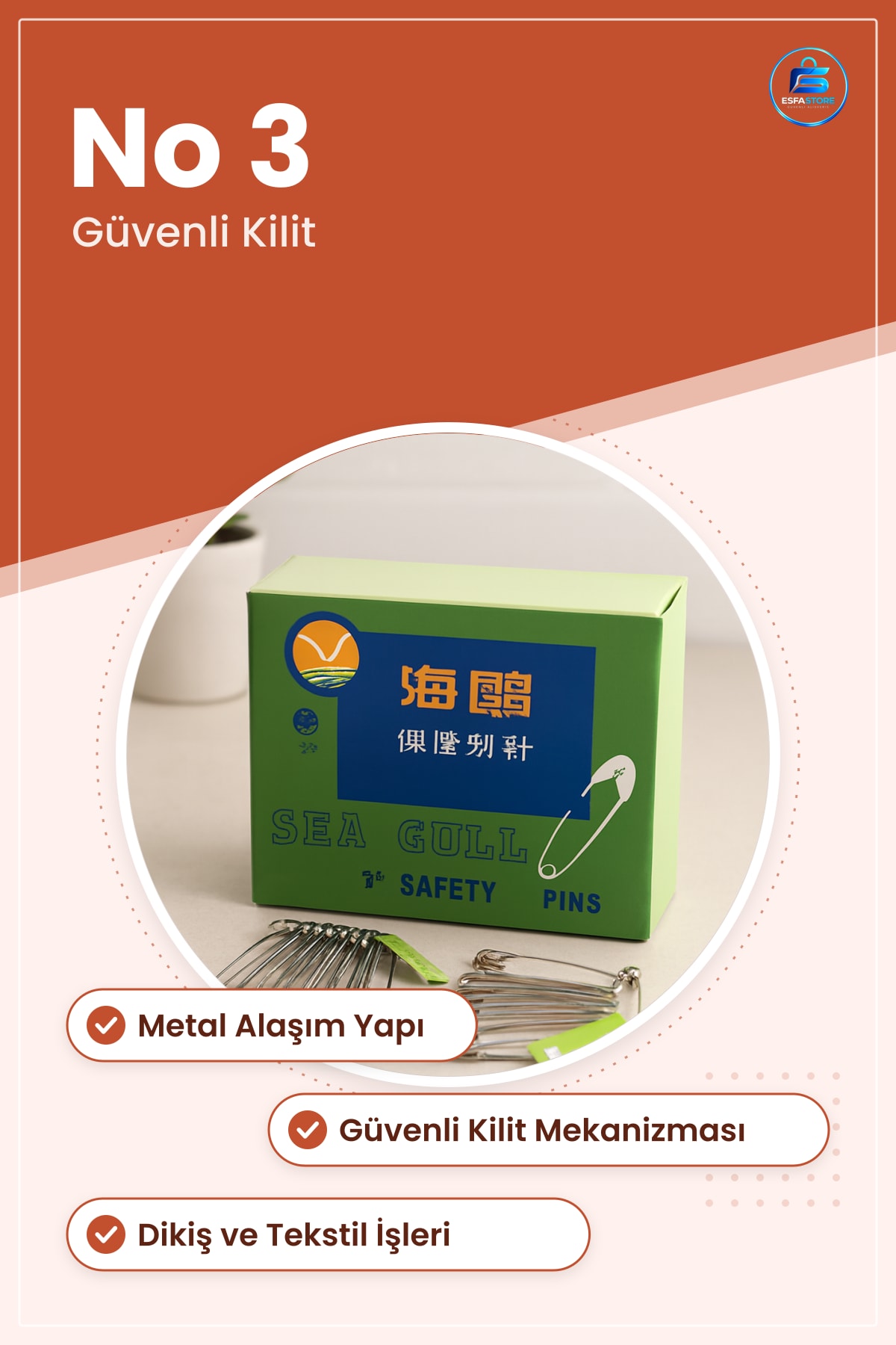 Çengelli İğne No 3 Güvenlik İğnesi Metal Dikiş Tekstil Hobi Kumaş Sabitleme Tutturma