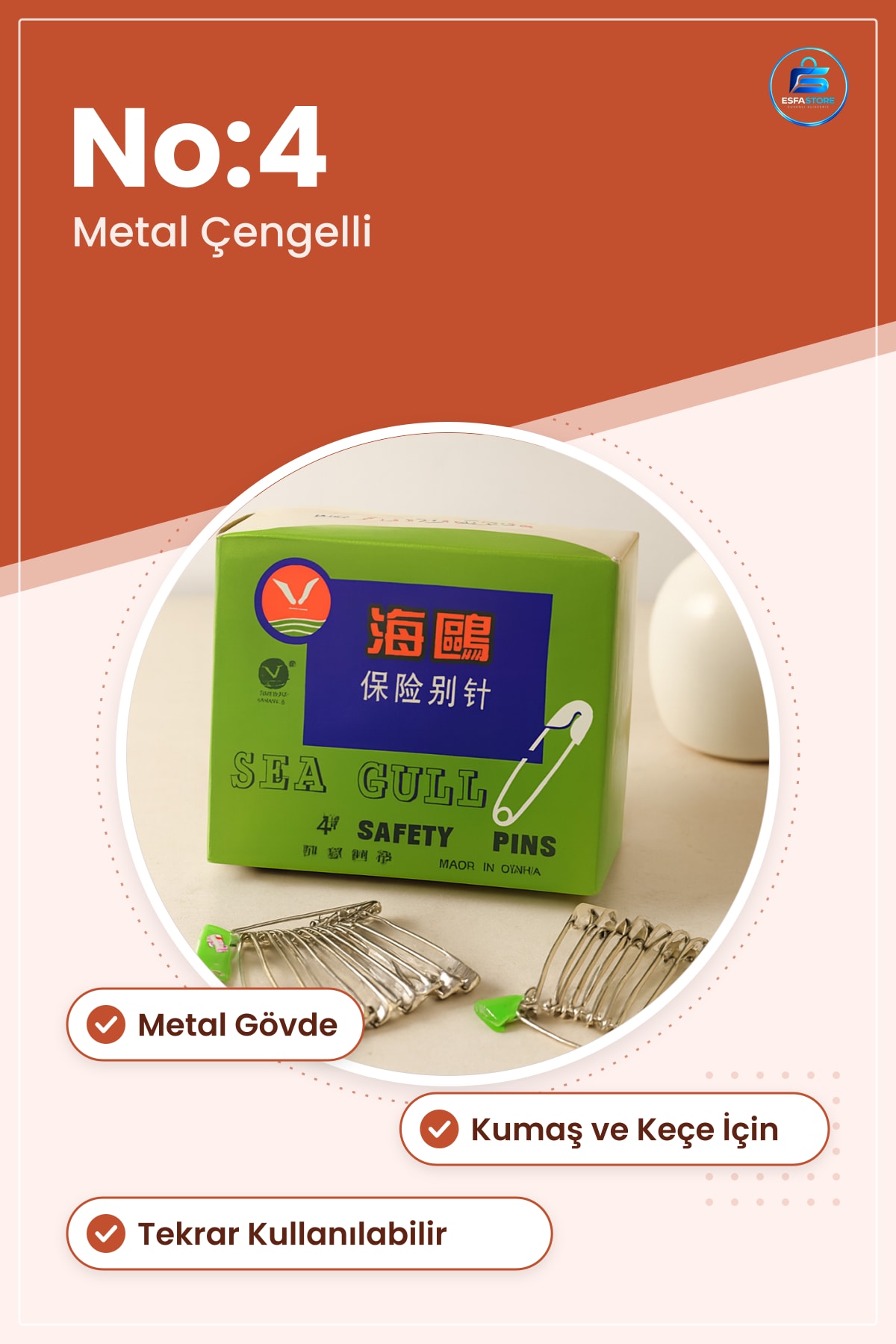 Çengelli İğne No:4 Metal Güvenlik Emniyet İğnesi Dikiş Hobi Tekstil Kumaş Tutturma Atölye