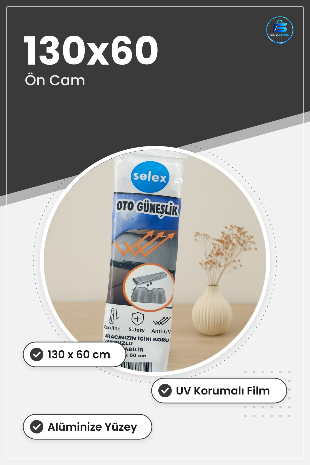 Vantuzlu Oto Güneşlik Perde 130x60 cm Katlanabilir Ön Cam UV Korumalı Araç İçi Isı Yalıtımlı
