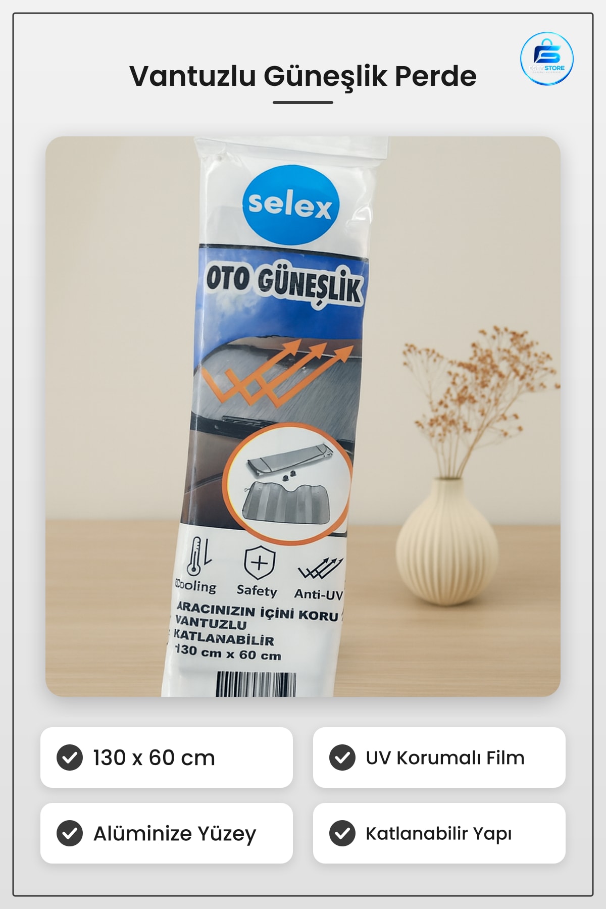 Vantuzlu Oto Güneşlik Perde 130x60 cm Katlanabilir Ön Cam UV Korumalı Araç İçi Isı Yalıtımlı