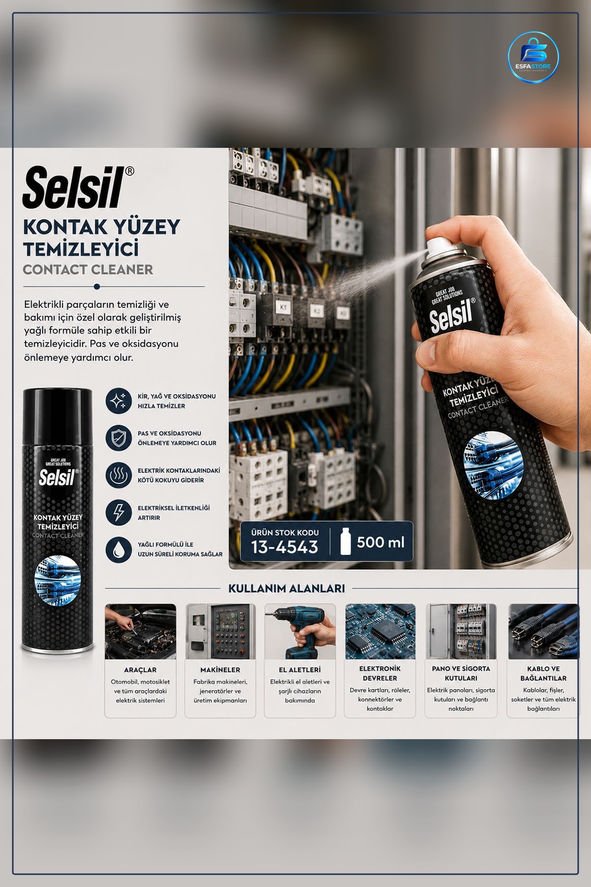Kontak Yüzey Temizleyici Genel Bakım Spreyi 500 ml Elektrik Kontakları İçin Yağ ve Kir Çözücü