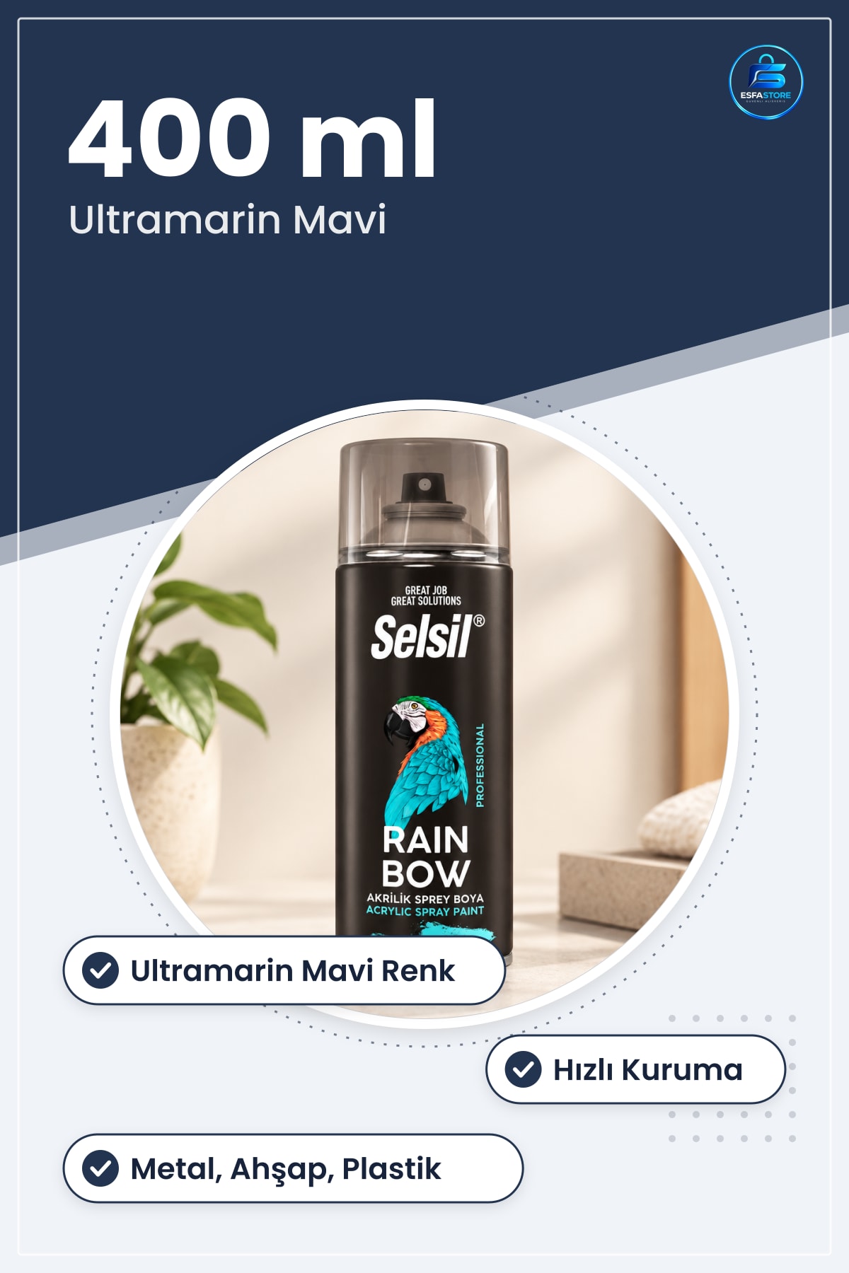 Ultramarin Mavi Sprey Boya 400ml Akrilik Metal Ahşap Plastik Yüzey Rötuş Hızlı Kuruma Mobilya