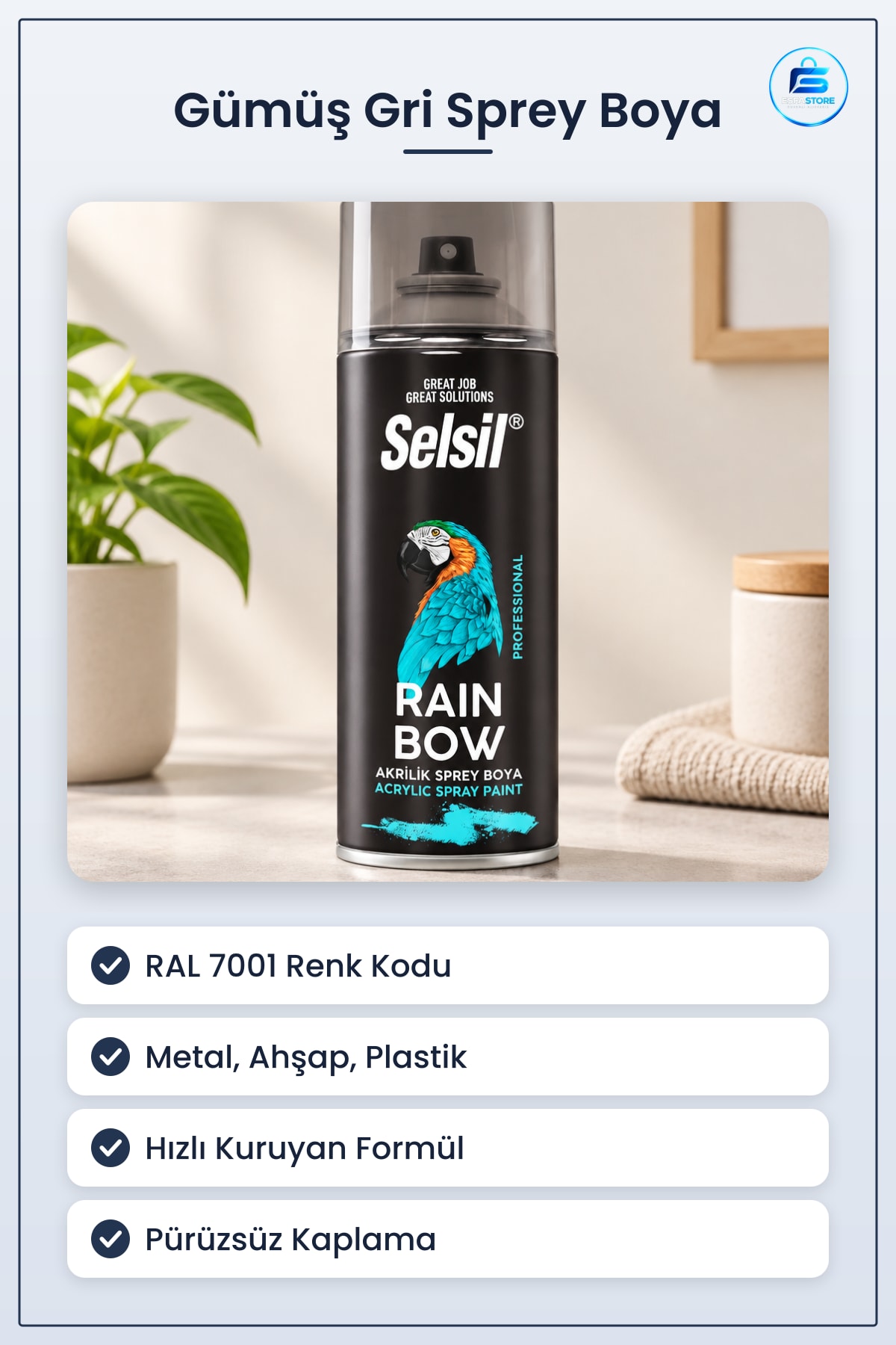 Gümüş Gri RAL Sprey Boya Metal Ahşap ve Plastik Yüzeyler İçin Hızlı Kuruyan Kapatıcı