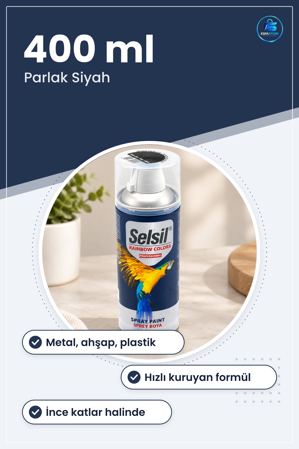 Parlak Siyah Sprey Boya 400 ml Metal Ahşap Plastik Yüzeyler İçin Hızlı Kuruyan Aerosol