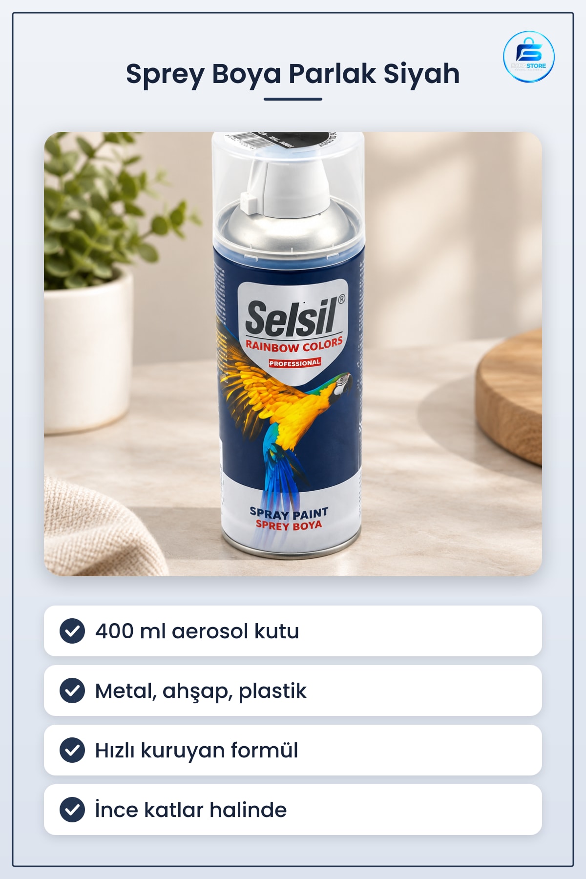 Parlak Siyah Sprey Boya 400 ml Metal Ahşap Plastik Yüzeyler İçin Hızlı Kuruyan Aerosol