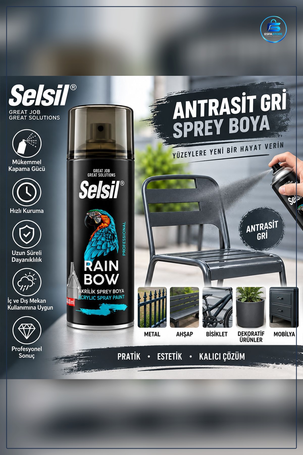 Antrasit Gri Akrilik Sprey Boya 400 ml Metal Ahşap Plastik İçin Hızlı Kuruyan Onarım Tadilat