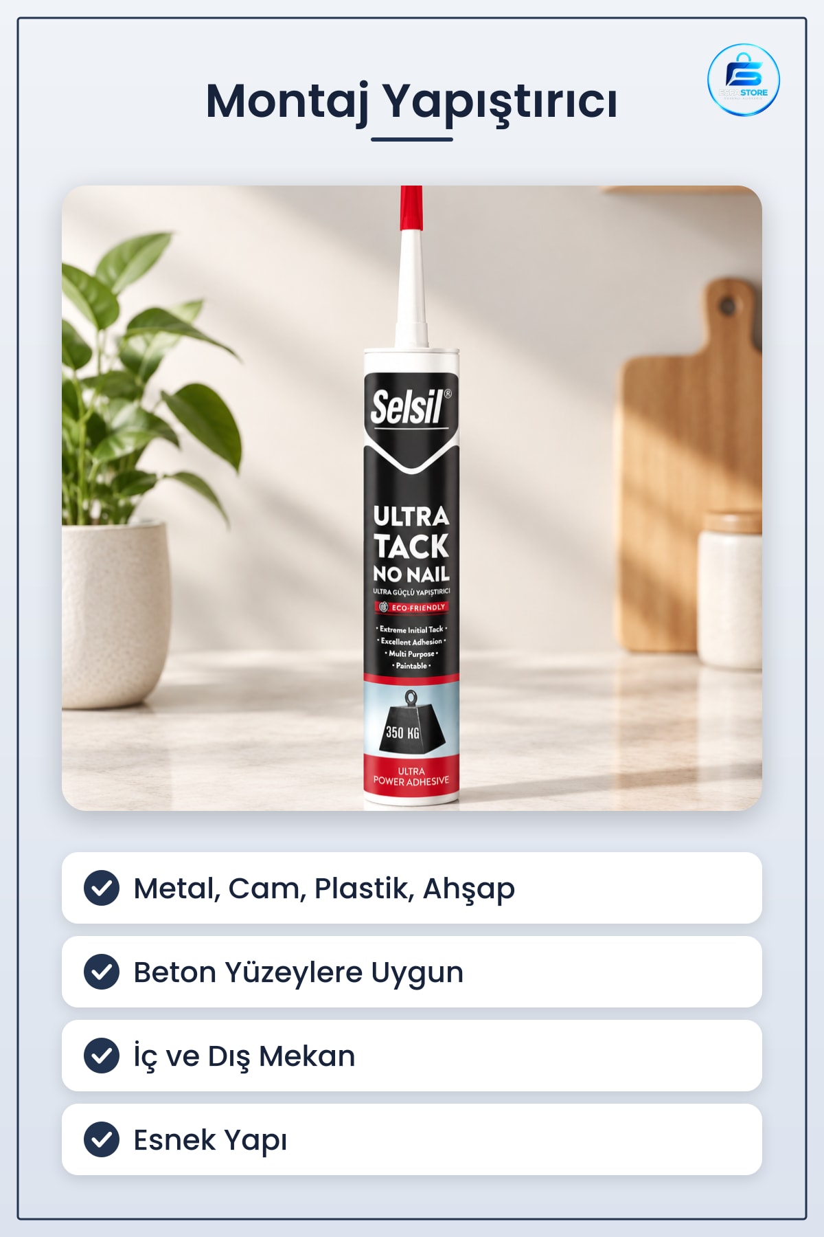 Polimer Bazlı Montaj Yapıştırıcı Metal Cam Plastik Ahşap ve Beton İçin Esnek İç Dış Mekan