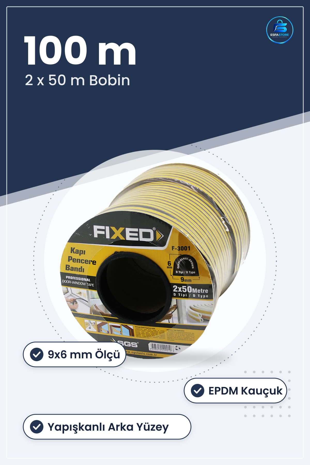 Kapı Pencere Bantı D Profil Fitil 9x6mm Kahverengi 100m 2x50m EPDM Kauçuk Ses ve Isı Yalıtımı