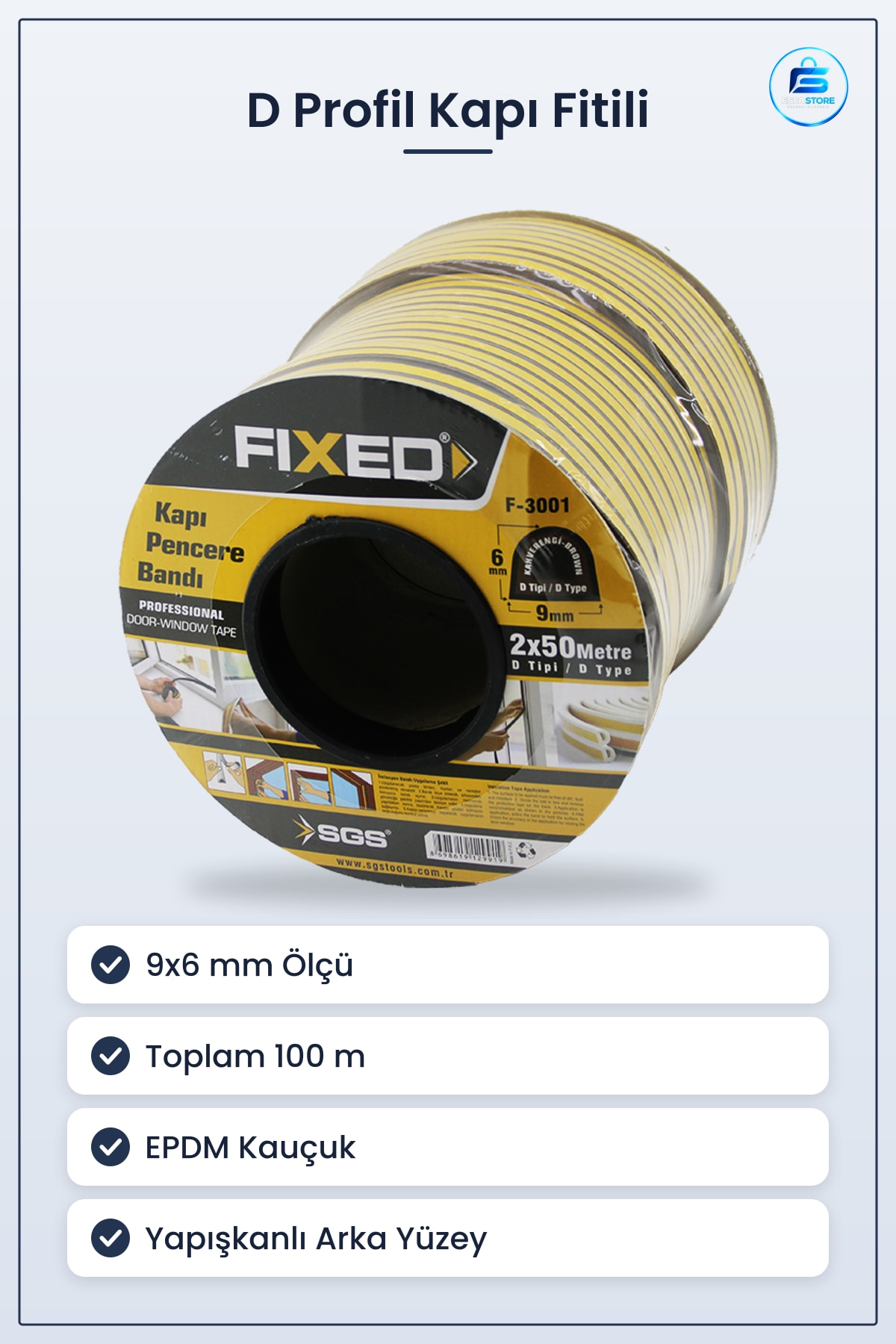 Kapı Pencere Bantı D Profil Fitil 9x6mm Kahverengi 100m 2x50m EPDM Kauçuk Ses ve Isı Yalıtımı