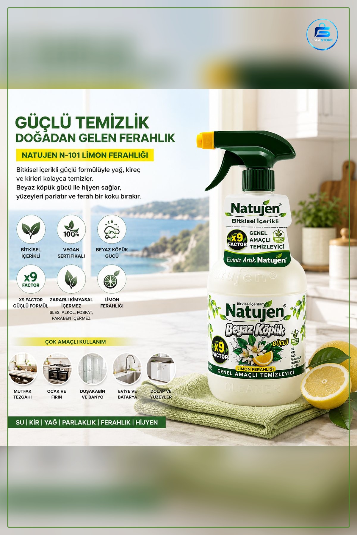 Yüzey Temizleyici Limon Ferahlığı Genel Amaçlı Beyaz Köpük Bitkisel İçerikli Sıvı