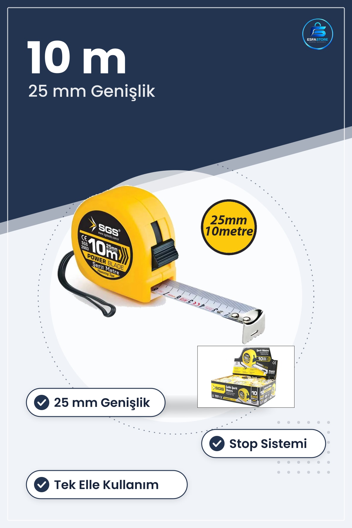 Şerit Metre 10 m x 25 mm Stoplu Dayanıklı Çelik Plastik Gövdeli Ölçüm Aleti Manuel Tek Elle