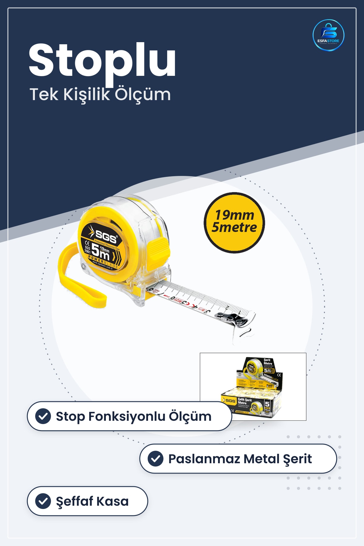 Şerit Metre 5 m x 19 mm Şeffaf Kasalı Stoplu Çelik Ölçüm Aleti Paslanmaz Manuel Tek Kişilik