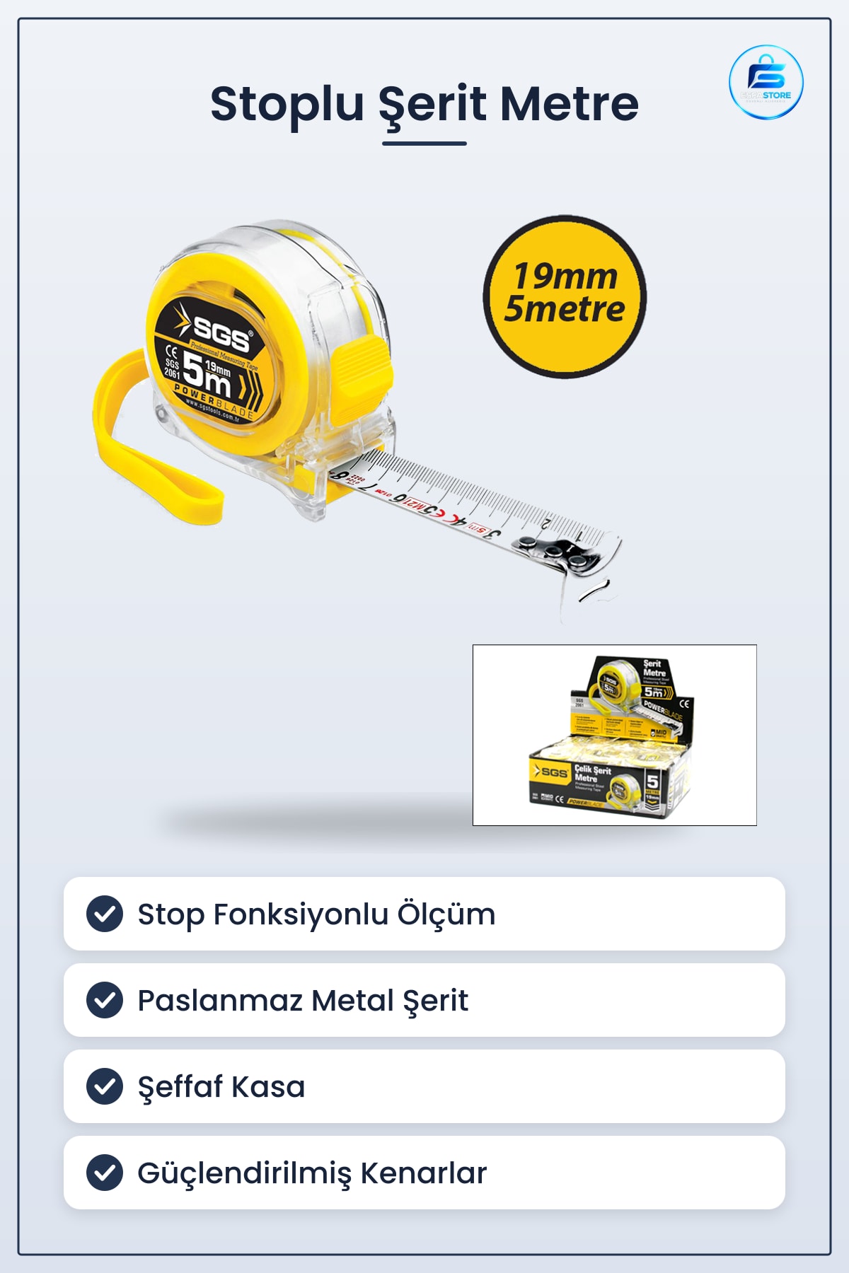 Şerit Metre 5 m x 19 mm Şeffaf Kasalı Stoplu Çelik Ölçüm Aleti Paslanmaz Manuel Tek Kişilik
