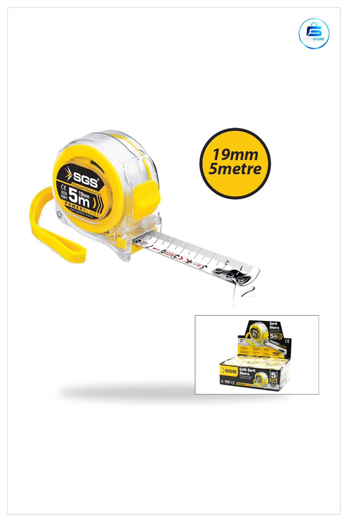 Şerit Metre 5 m x 19 mm Şeffaf Kasalı Stoplu Çelik Ölçüm Aleti Paslanmaz Manuel Tek Kişilik